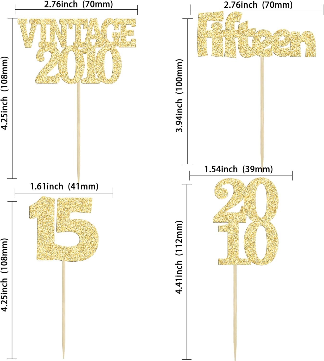 Gyufise 24Pcs Sweet 15 Cupcake Toppers Glitter Fifteen Vintage 2010 15th Birthday Cupcake Picks Hello 15 Years Birthday Cake Decorations for Happy 15th Anniversary Party Supplies Gold