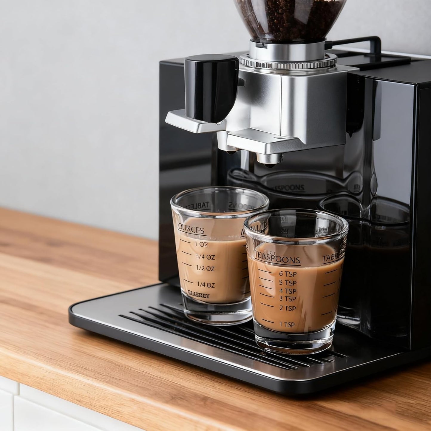 2-Pack Shot Glass Measuring Cups Set | Non-Fading 4-Measurement Espresso Jigger (OZ/ML/TSP/TBSP) | Thick Base Heavy Glass Measuring Cup for Coffee & Kitchen,Dishwasher Safe, Incremental Scale (Black)