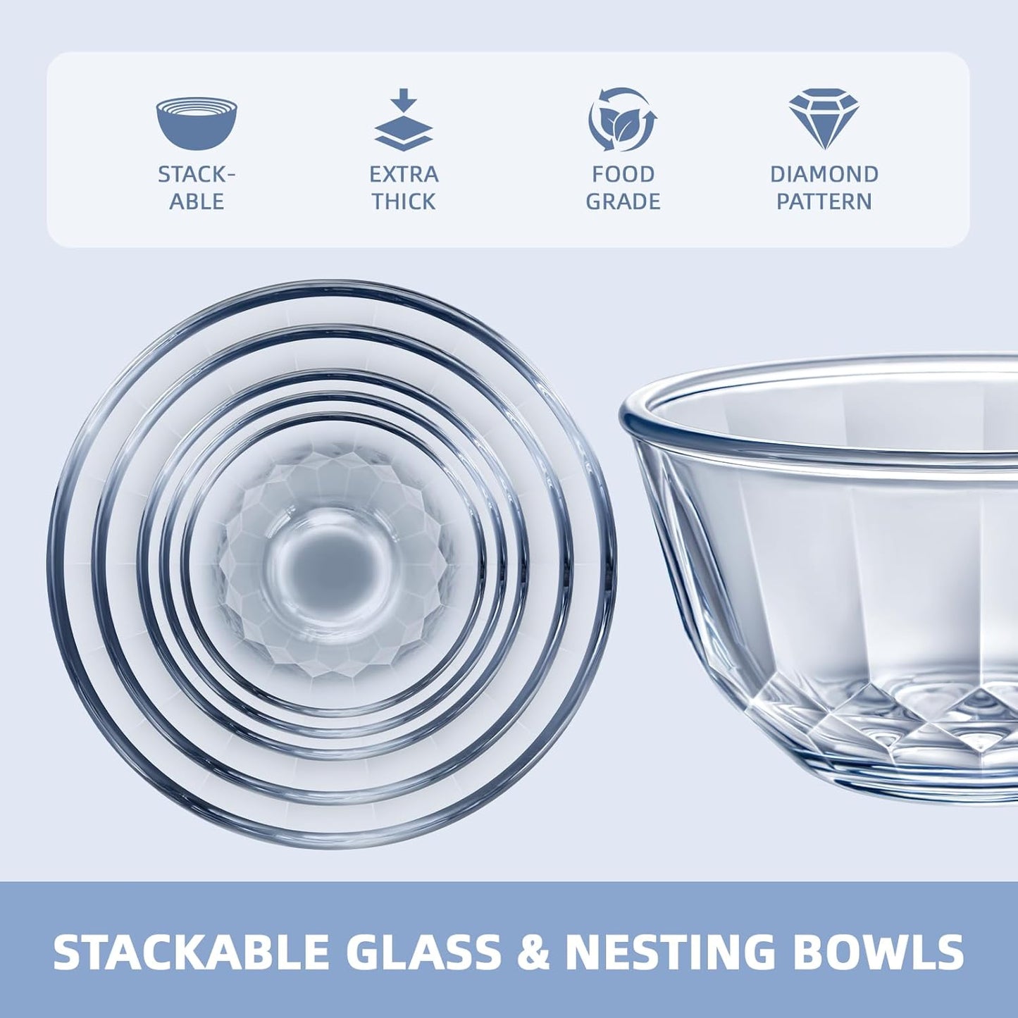 WhiteRhino Glass Mixing Bowls with Lids Set of 5(4.70QT,2.85QT, 1.69QT,1.11QT,0.85QT,Glass Bowls with Lids,Large Salad Bowls Space-Saving Nesting for Cooking,Baking,Prepping,Dishwasher Safe