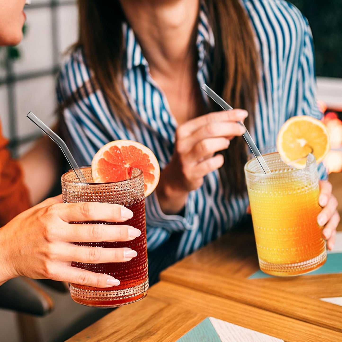 15 Oz Glass Cups with Lids and Straws, Vintage Embossed Glassware for Whiskey Cocktail Beer, Iced Coffee Cup with Lid (4 PACK)