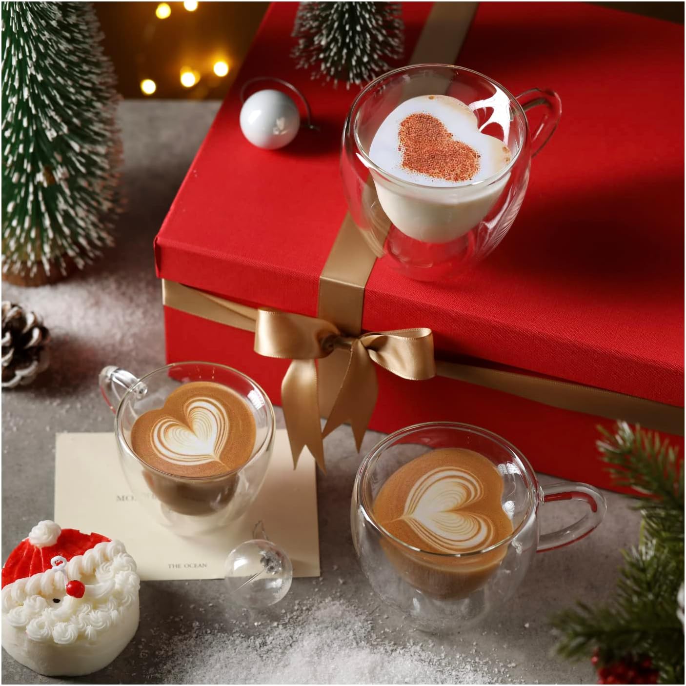 CNGLASS Mothers Day Gifts for Mom,Double Wall Heart Shaped Glass Coffee Mugs 5oz(Set of 2),Insulated Clear Tea Cups with Handle,Unique Glass Espresso Mugs for Coffee,Cappuccino,Latte,Milk