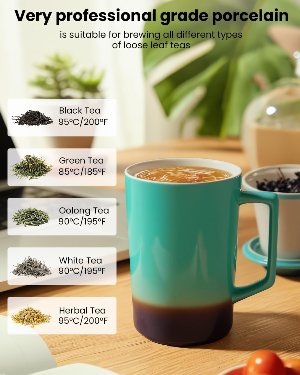 15 OZ Porcelain Tea Infuser Cup with Lid,Ceramic Tea Mug with All-Porcelain Strainers for Loose Leaf Teas,Microwave and Dishwasher Safe Coffee Mug,Metal-Free,BPA-Free,Gifts for Tea-Lover (Green)