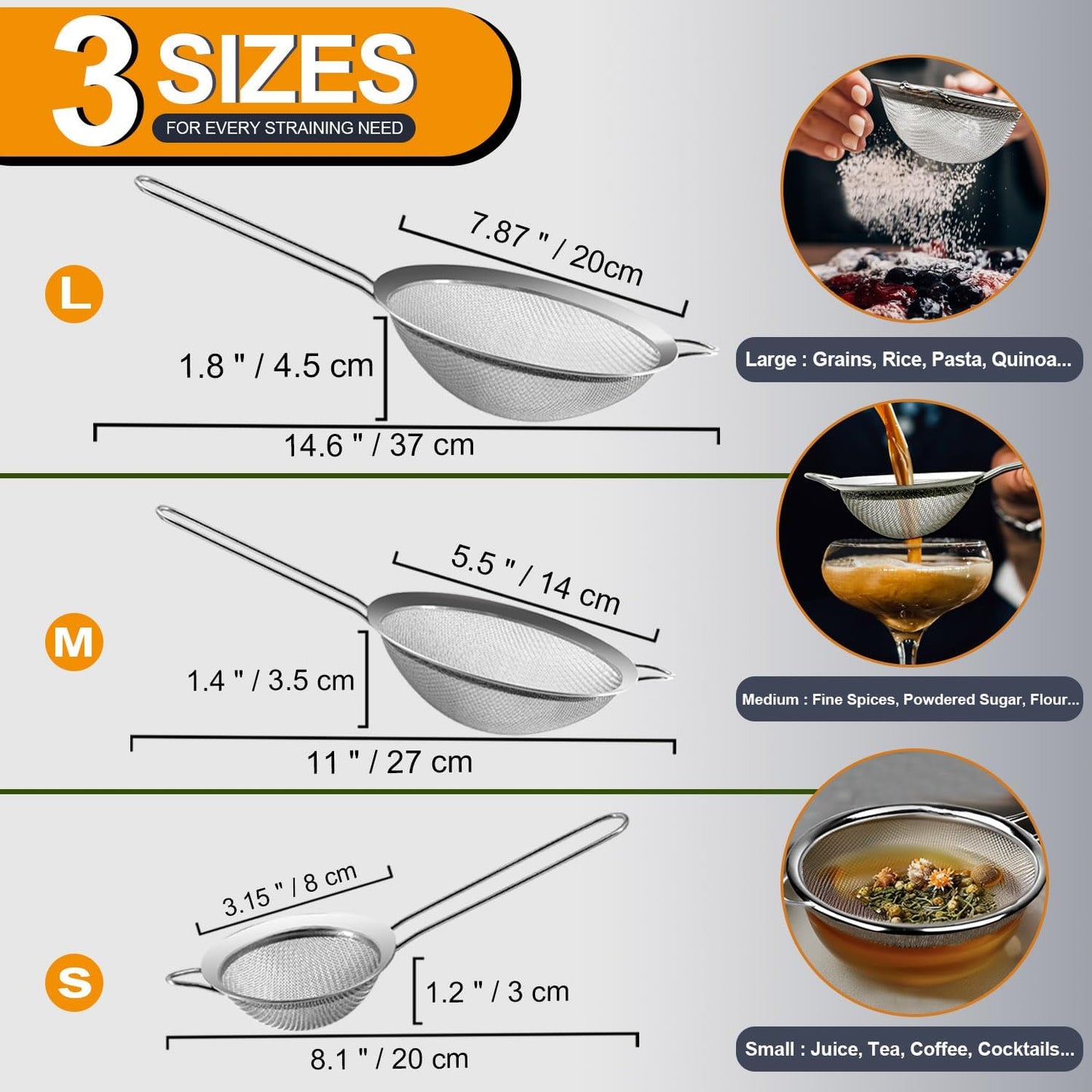 Anaeat Fine Mesh Strainers - Premium Stainless Steel Colander Sieve Sifters, with Durable Mesh and Sturdy Handle, Excellent for Sifting Dry ingredients, Flour, Pastas, Rice, Tea (3.15"+5.5"+7.87")