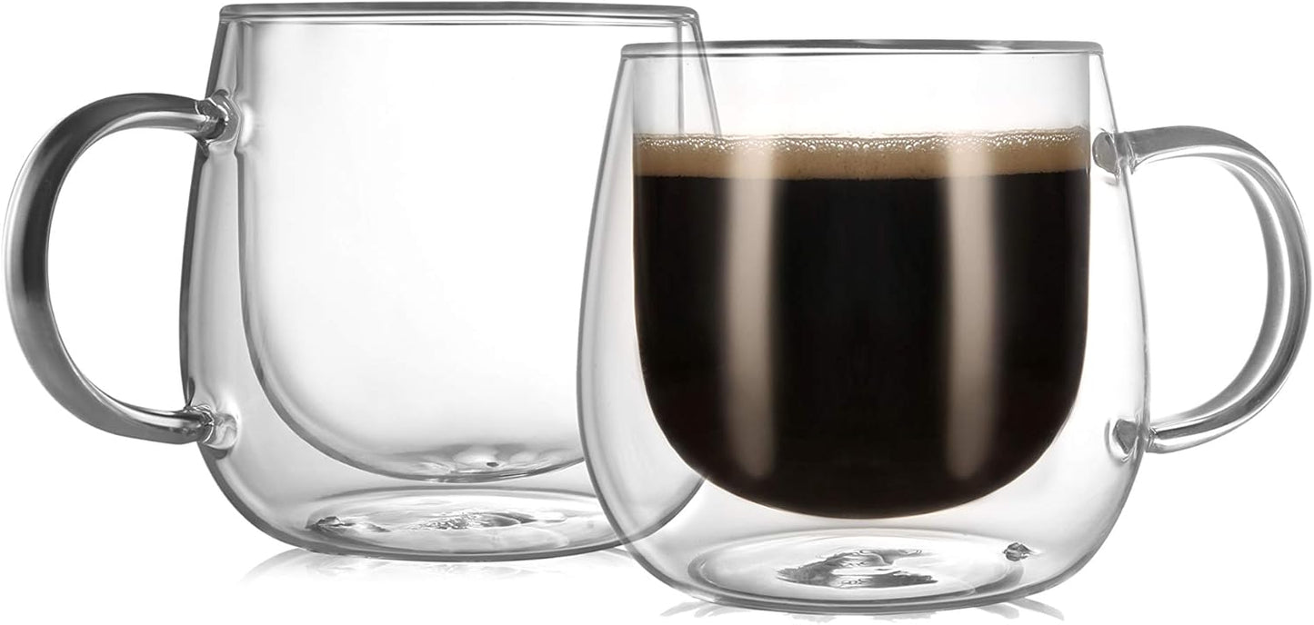 CNGLASS 12oz Double Walled Glass Coffee Mugs(2-pack),Clear Coffee Cups with Handle,Glass Espresso Mugs for Latte,Cappuccino,Tea