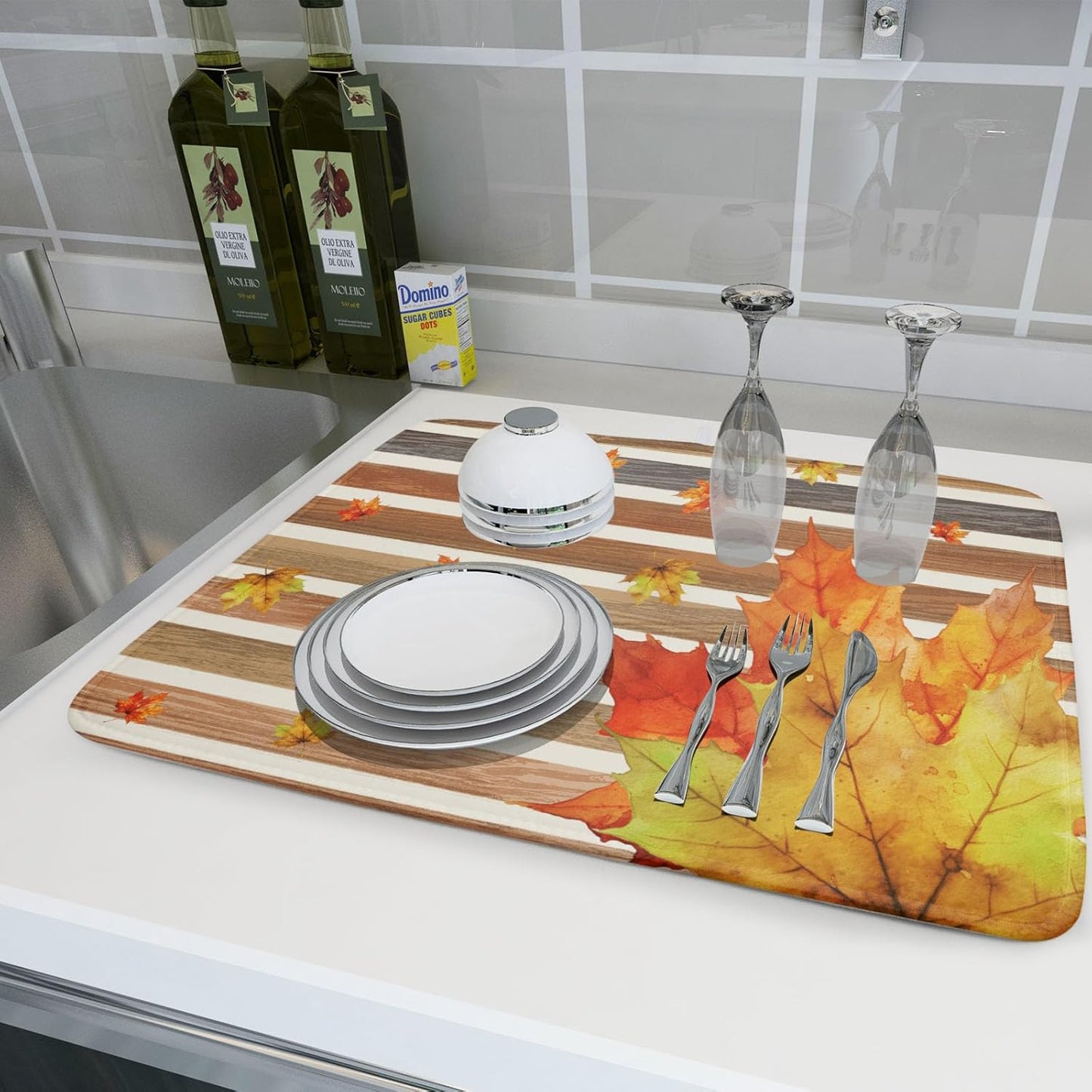 Autumn Golden Maple Leaf Dish Drying Mat for Kitchen Counter,Rural Wood Light Brown Stripes Drying Mat 18 x 24 Inch Microfiber Dish Drying Pad Dish Rack Drainer Mat for Coffee Bar