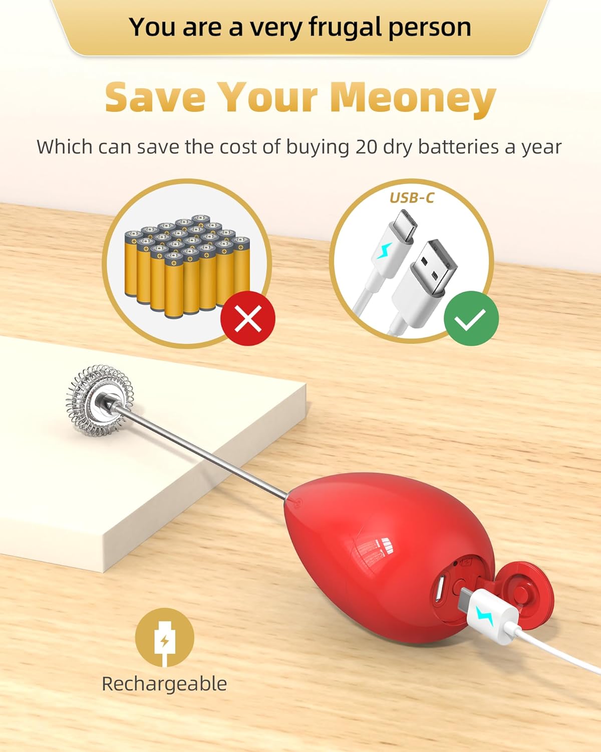 Milk Frother Handheld with Case,USB C Rechargeable Frother Wand for Coffee, Portable Electric Whisk with Stand,Waterproof Hand Drink Mixer Travel for Lattes, Cappuccino, Matcha, Egg (Red)