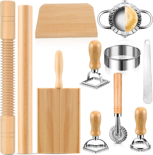 11 Pcs Pasta Making Tools Kit - Includes Wooden Gnocchi Board with Ravioli Stamp Cutter, Threaded Rolling Pin, Dumpling and Pasta Maker - Gift for Homemade kitchen Baking Lovers