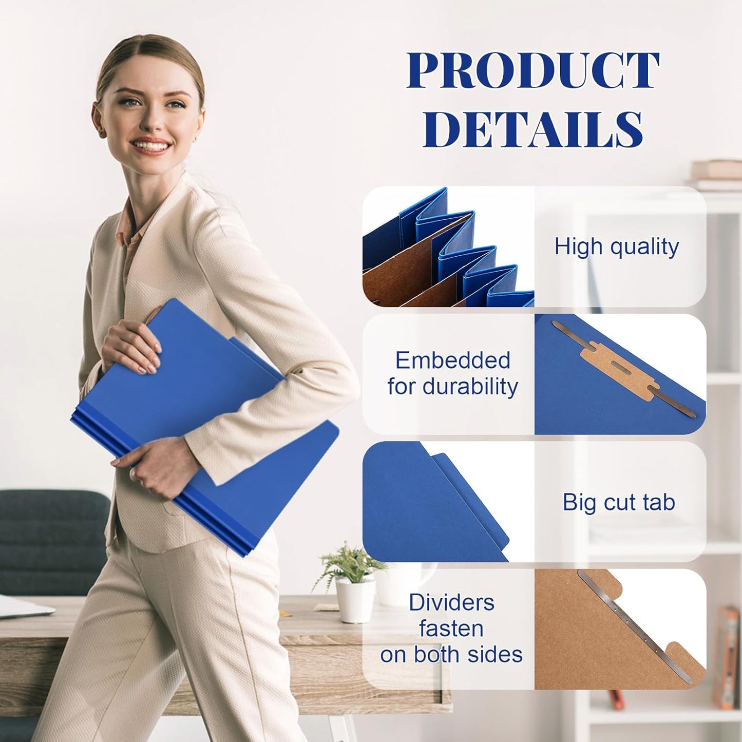 12 Pcs Classification Folders Letter Size, Back to School Supply for Teacher, Student, 3 Dividers Pressboard File Folder Bulk with 2 Fasteners, 3.5 Inch Expanding File Organizer (Dark Blue)