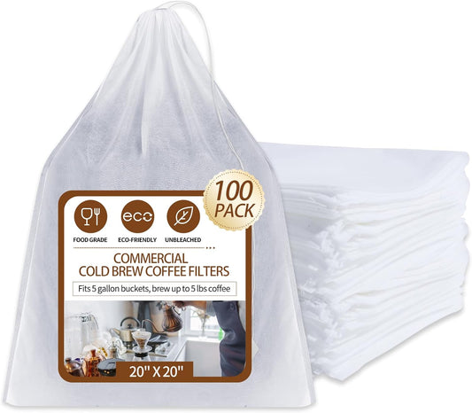 100Pcs Commercial Cold Brew Coffee Filters for 5 Gallon Buckets, 20" X 20" Disposable Coffee Filters with Drawstring for Brew Up To 5 LBS Coffee