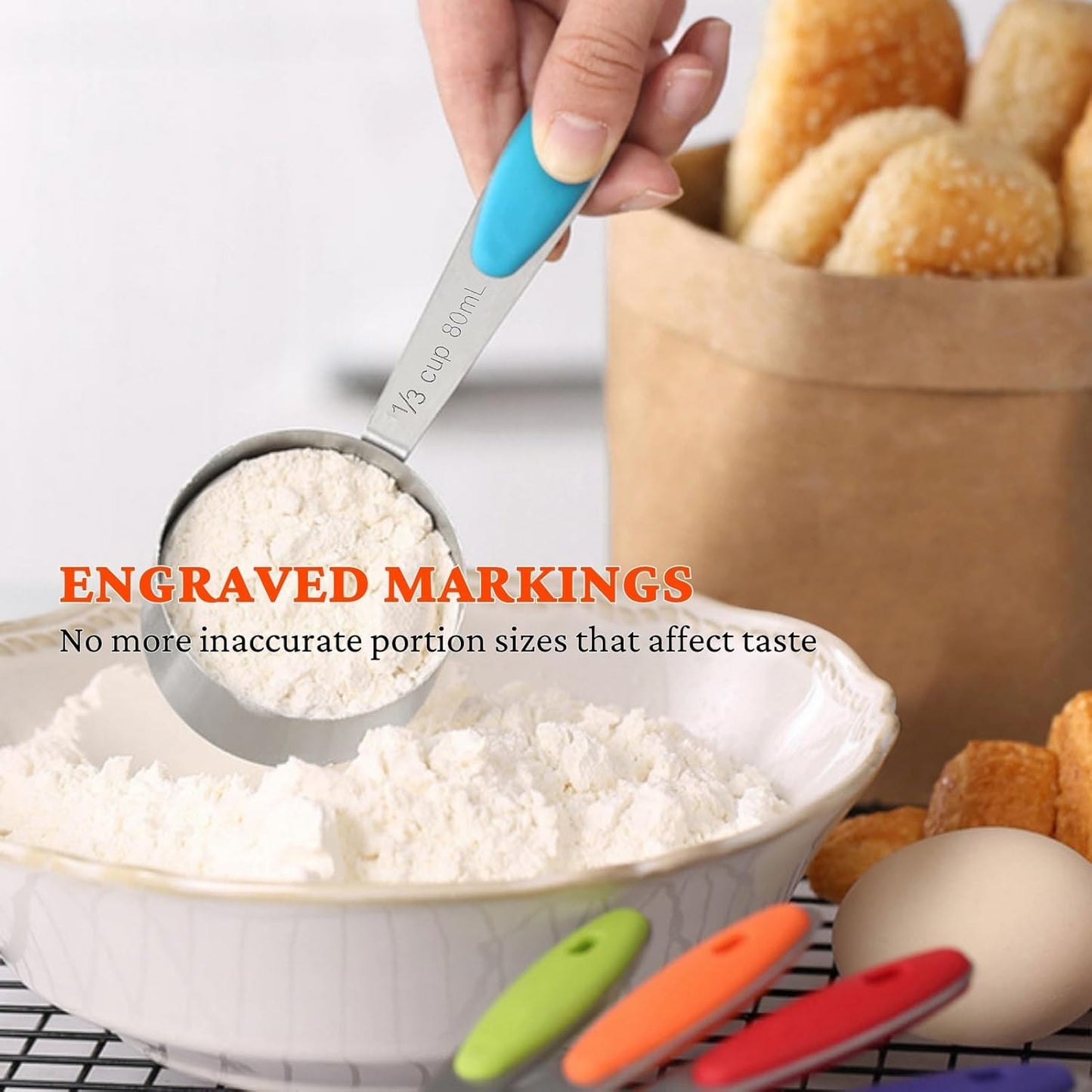 Stainless Steel Measuring Cups and Spoons Set of 19, 5 Measuring Cups with Colored Silicone Handles, 9 Nesting Spoons, 5 Mini Spoons, Kitchen Gadgets for Cooking & Baking, Dry and Liquid Ingredients