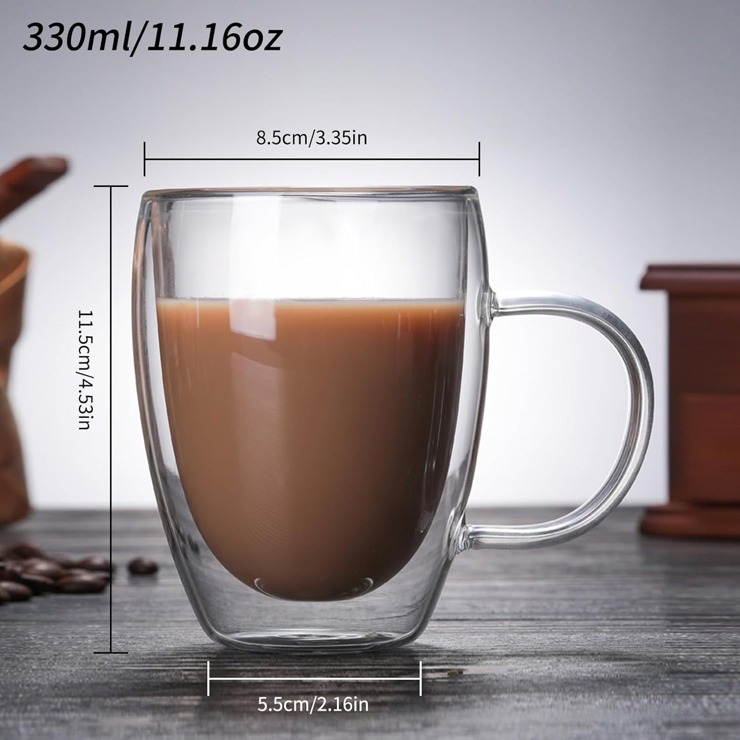 12OZ Double Wall Glass Cups With Handle, Large Glass Mugs Espresso Cups Set of 2, 330ML Clear Coffee Cup, Double Wall Insulated Mugs, Microwave Dishwasher Safe