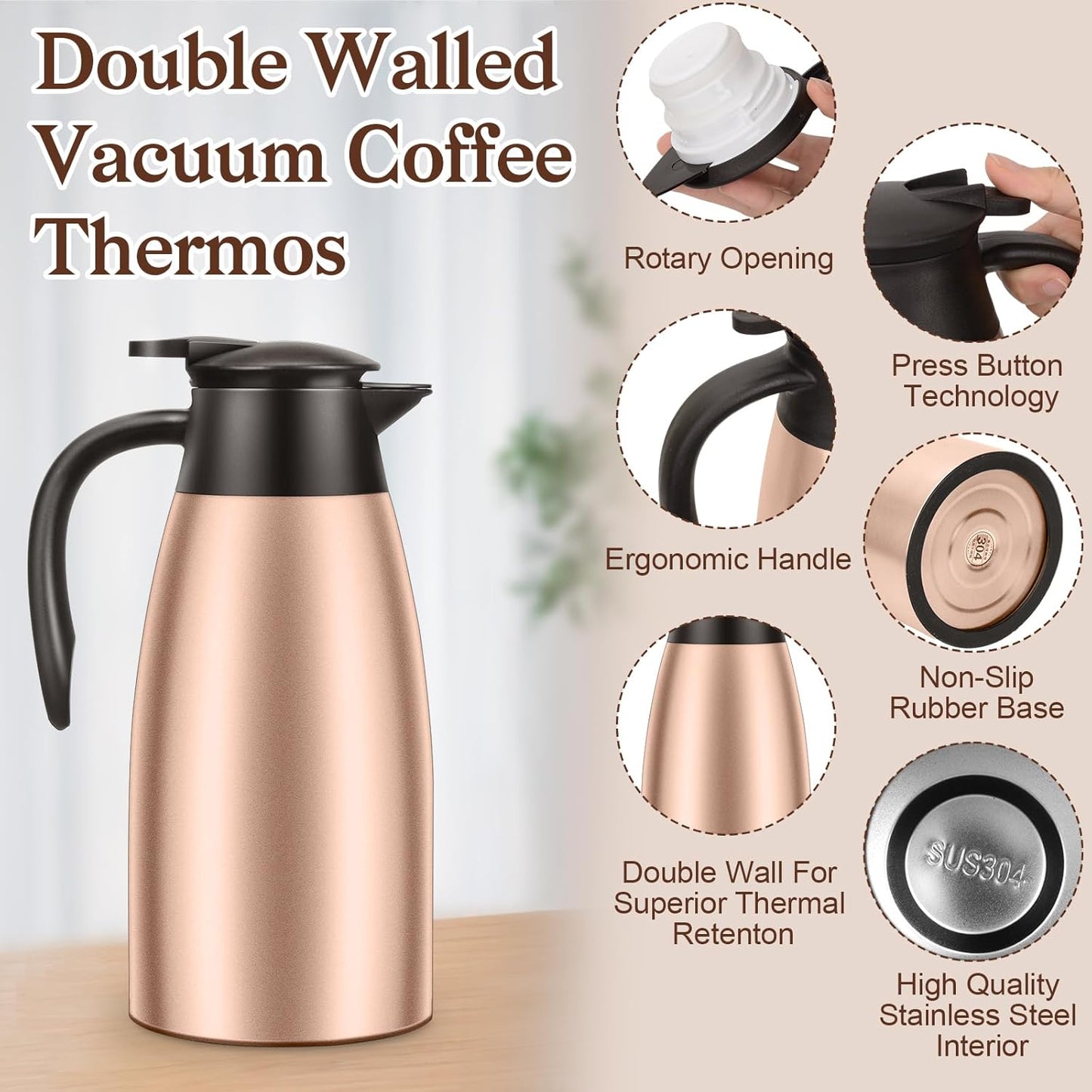 1 PCS 68 OZ Thermal Coffee Carafe, Insulated Stainless Steel Coffee Carafe Double Walled Vacuum Thermal Pot Flask with Brushes Thermos for Keeping Hot Coffee Tea Home and Office (Gold)