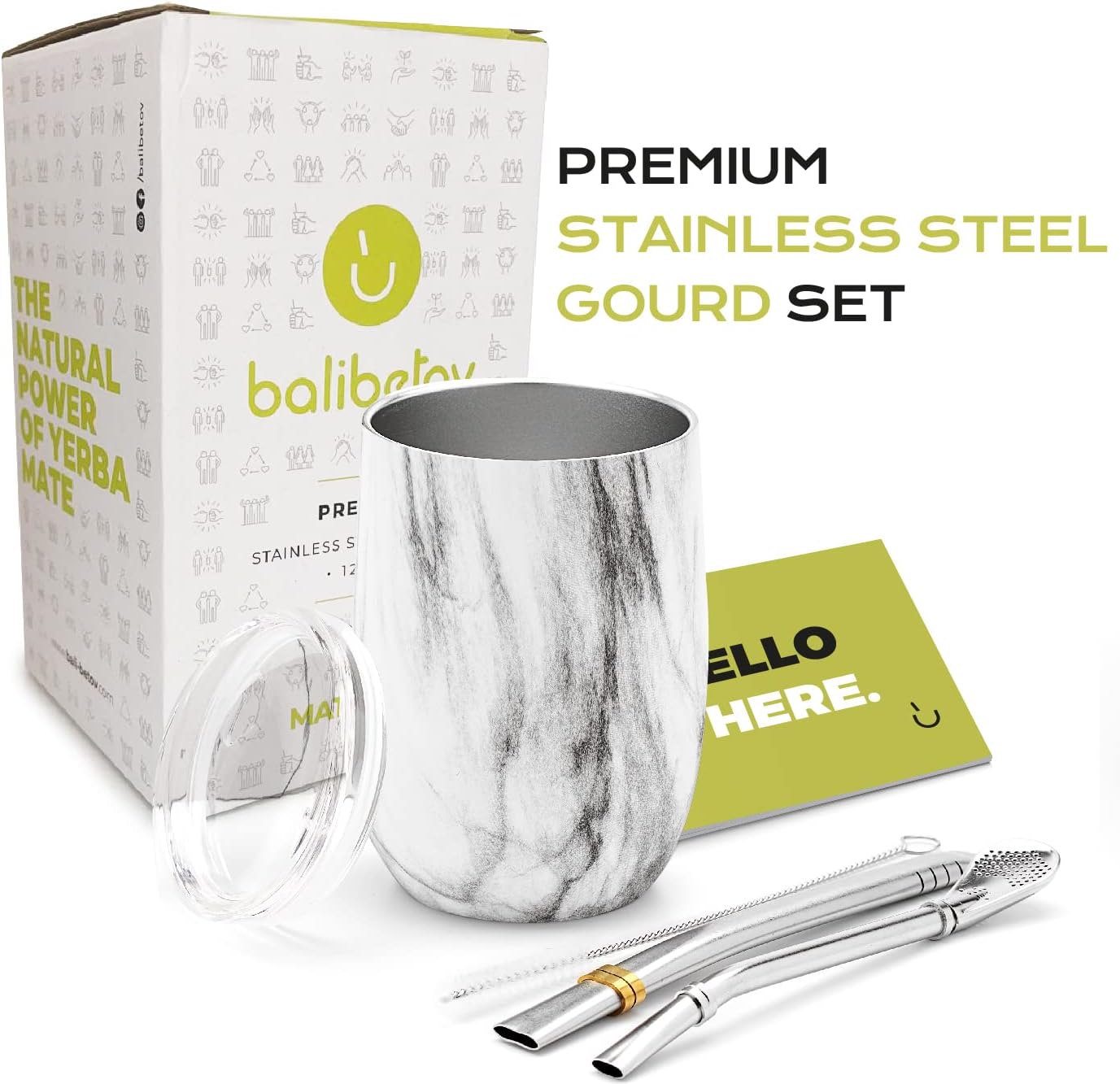 BALIBETOV 5 pcs large Yerba Mate Cup and Bombilla Kit, Includes one 12 oz Yerba Mate Gourd with Lid, Two Bombillas Mate Straw and one cleaning brush | Stainless steel | Double Walled