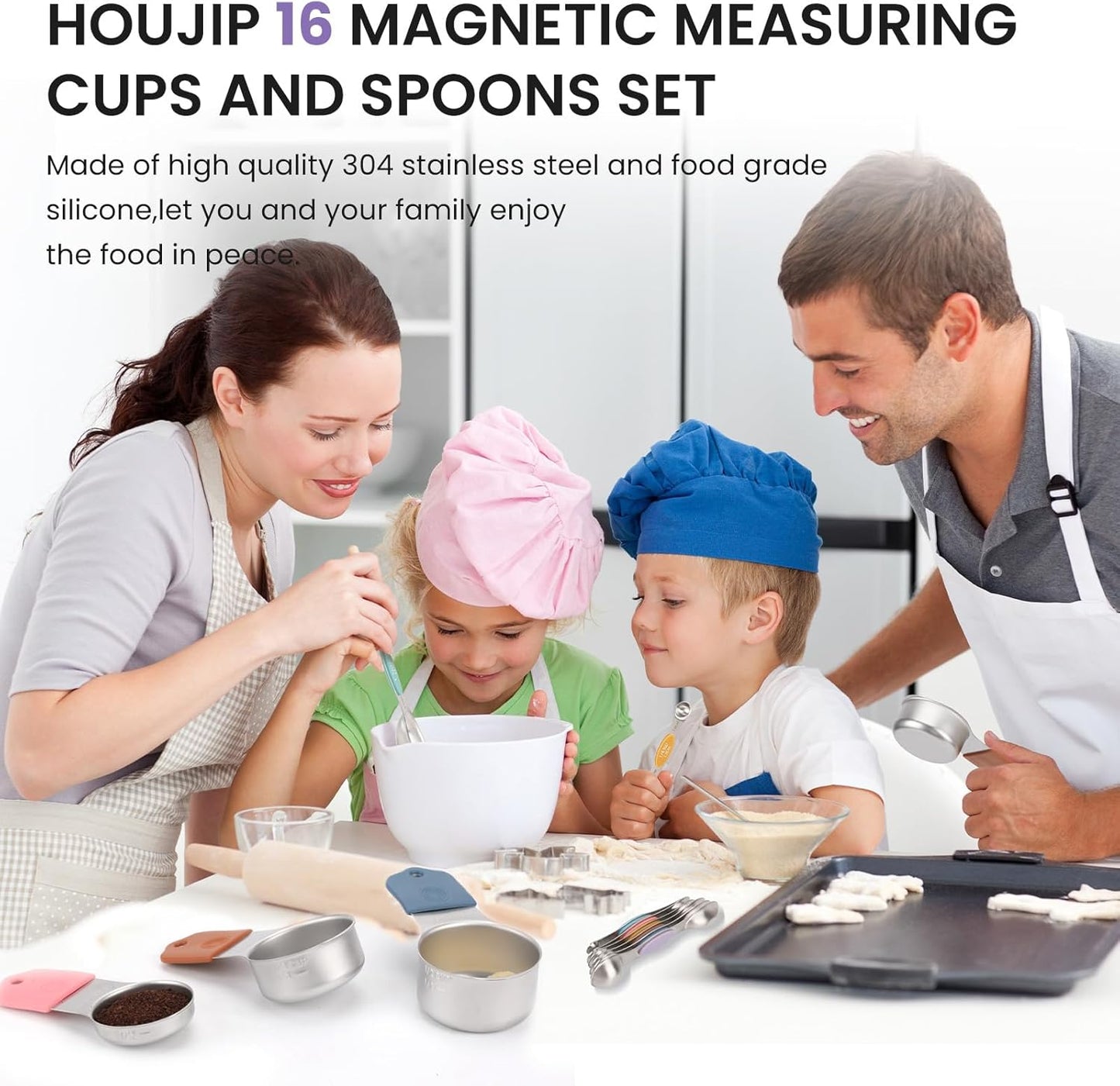 Magnetic Measuring Cups and Spoons Set-Heavy Duty 304 Stainless Steel,Double Measurement Markings,Set of 16 with Leveler for Measure Dry and Liquid Ingredients