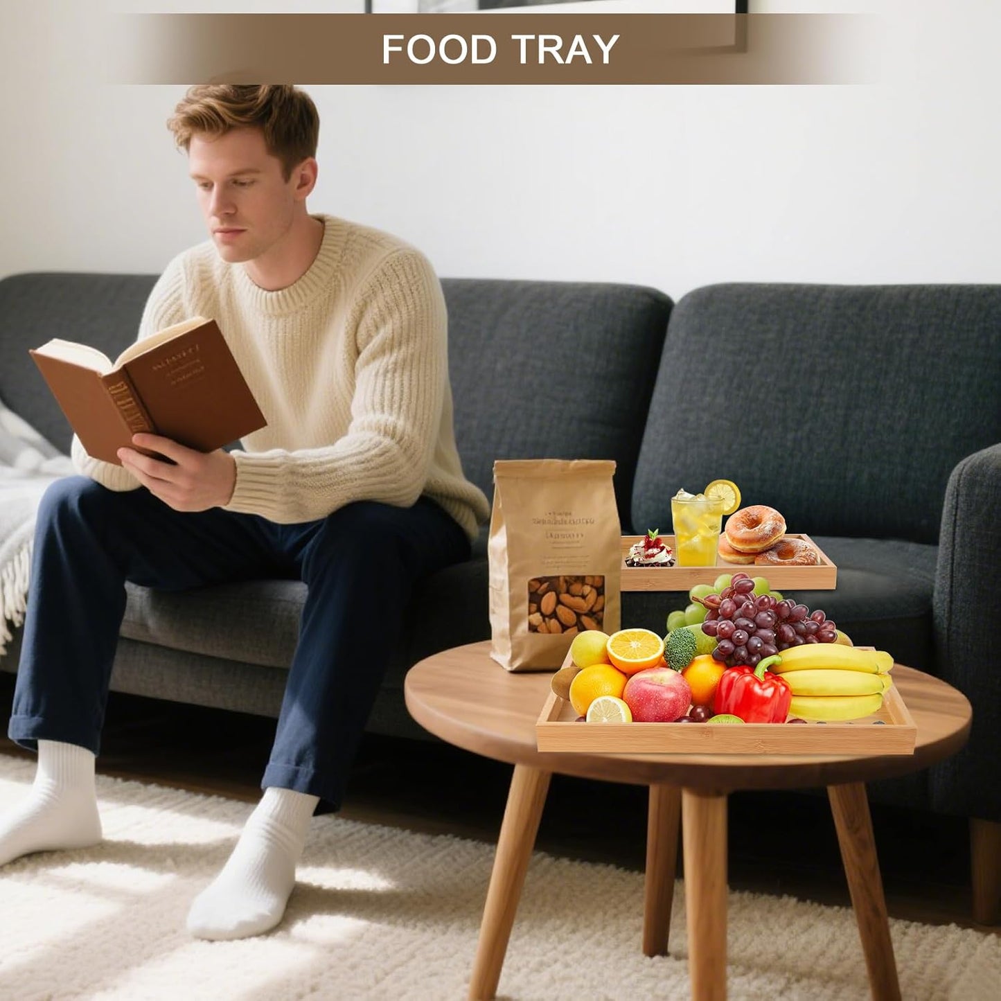 Wooden Serving Tray with Handles Bamboo Decorative Large Coffee Table Food Trays for Breakfast Dinner Restaurants Party or Home Decor Outdoor Scenarios 2 Packs