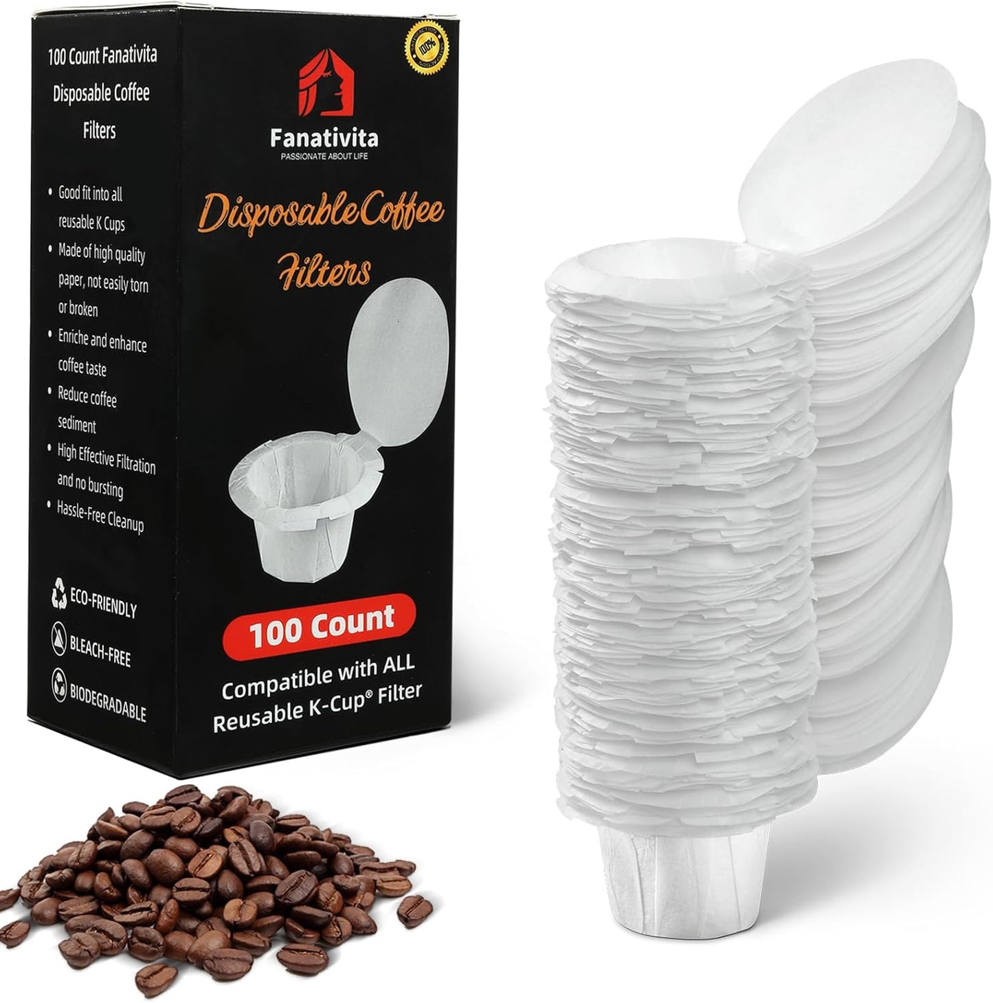 100 Count Fanativita K Cup Filters Disposable with Genius Lid Design, Fit All Reusable K Cups for Keurig (White)