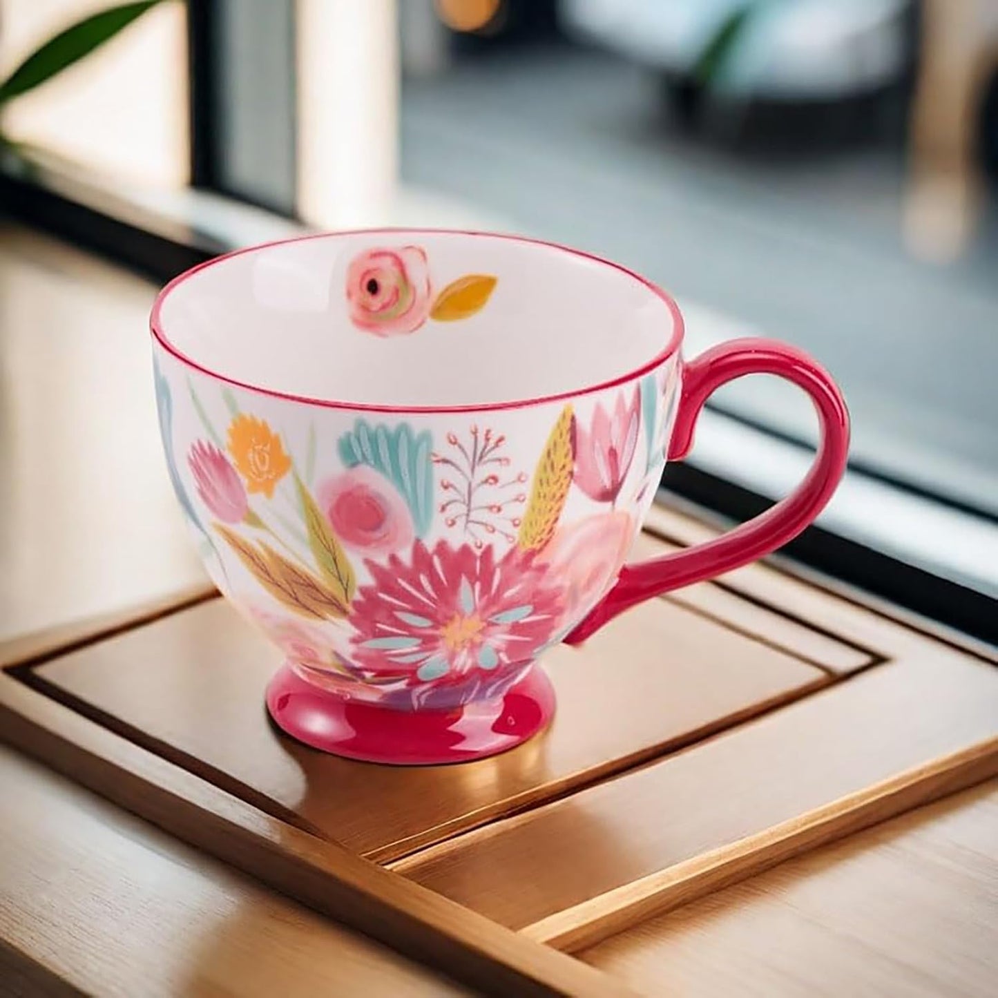 Vintage Flower Mugs β Large Ceramic Coffee Mug (15oz) β Cute Cereal Cup for Breakfast, Oatmeal Tea & Hot Drinks β Handmade Ceramic Cup with Floral Design