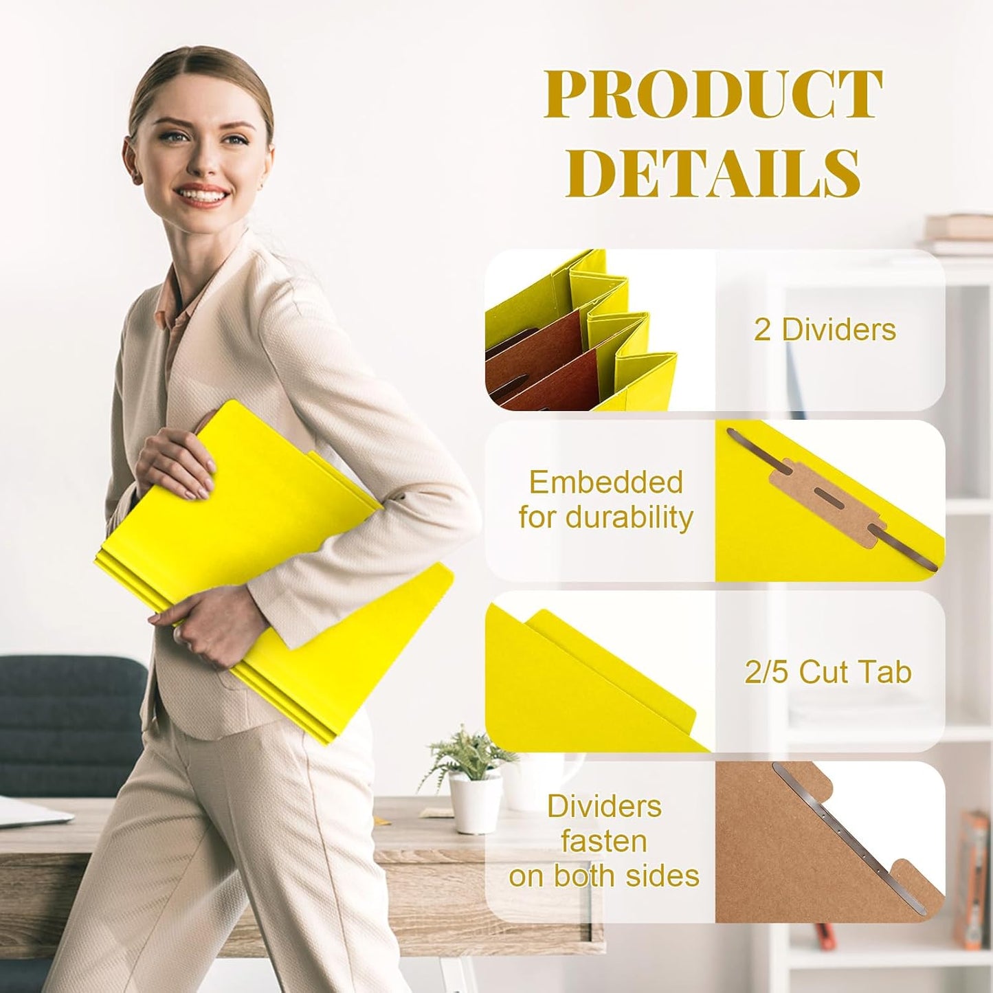 12 Pcs Classification Folders Letter Size Bulk - 2 Dividers Pressboard File Folder with 3. 5 Inch Expansion, 2 Prongs Fastener, Heavy Duty Office File Organizer for Teacher Medical (Yellow)