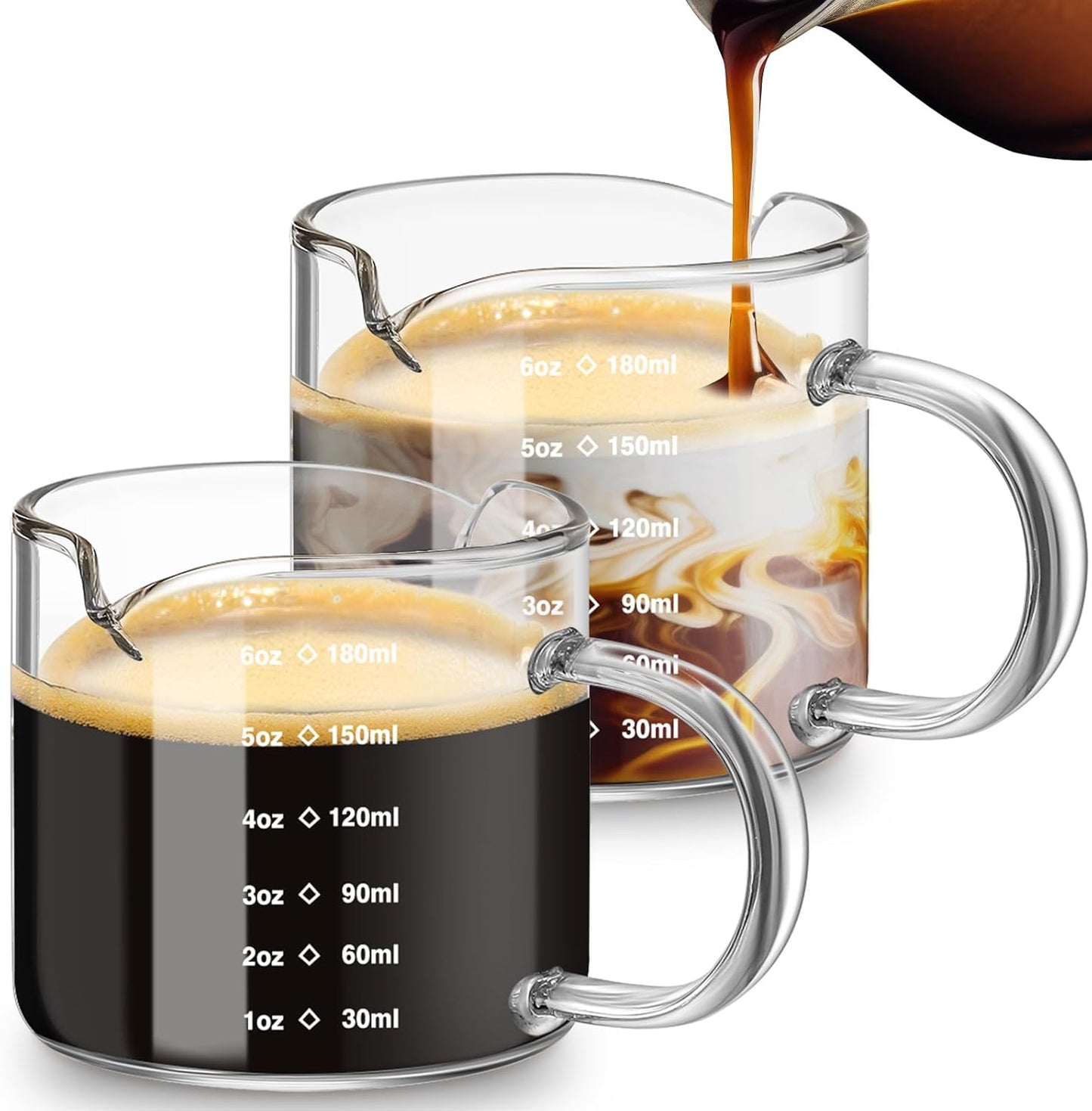 Patelai Espresso Cups Set of 2, 180ml/6oz Coffee Cups with Double Spouts & Handle, Scales Espresso Shot Glass for Espresso Machines, Milk Frothing, and Coffee Bars Accessories