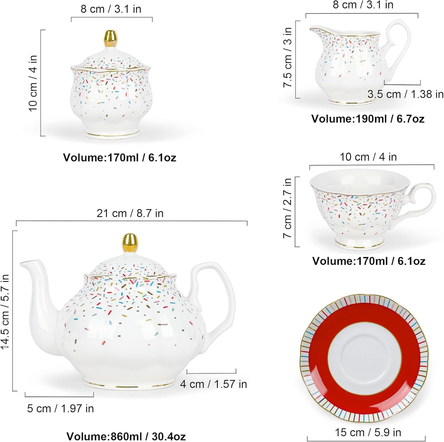 fanquare 21-Piece Red English Porcelain Tea Sets, 6 Cups and Saucers, Colorful Sprinkle Sugar Bone China Tea Set for Afternoon Tea Party, Birthday, Celebrations
