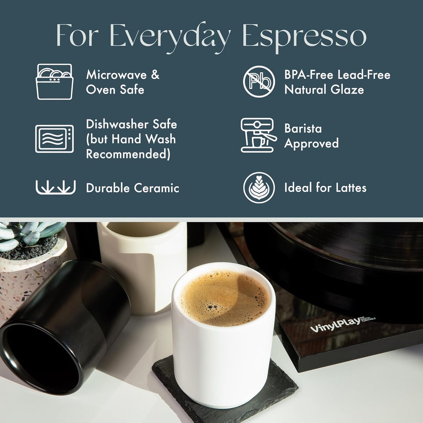 Folk Ceramics Dylan Ceramic Cappuccino Cups Set | Double Walled Ceramic Coffee Mug Set | Compact & Heat Insulated Cappuccino, Tea, Coffee & Latte Cup | 8oz, Set of 2 | Matte Black