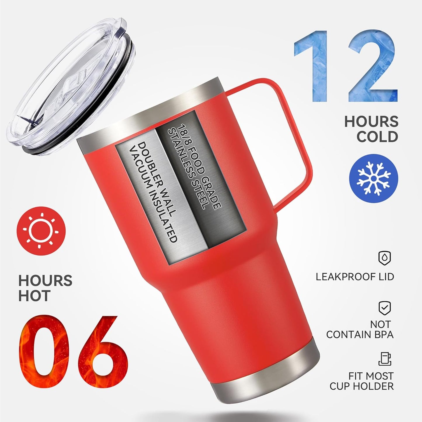 30 oz Tumbler with Handle and Lid, Stainless Steel Tumblers Double Wall Vacuum Insulated Travel Mug Leak Proof Cup Keep Drinks Cold and Hot Red, 1 Pack
