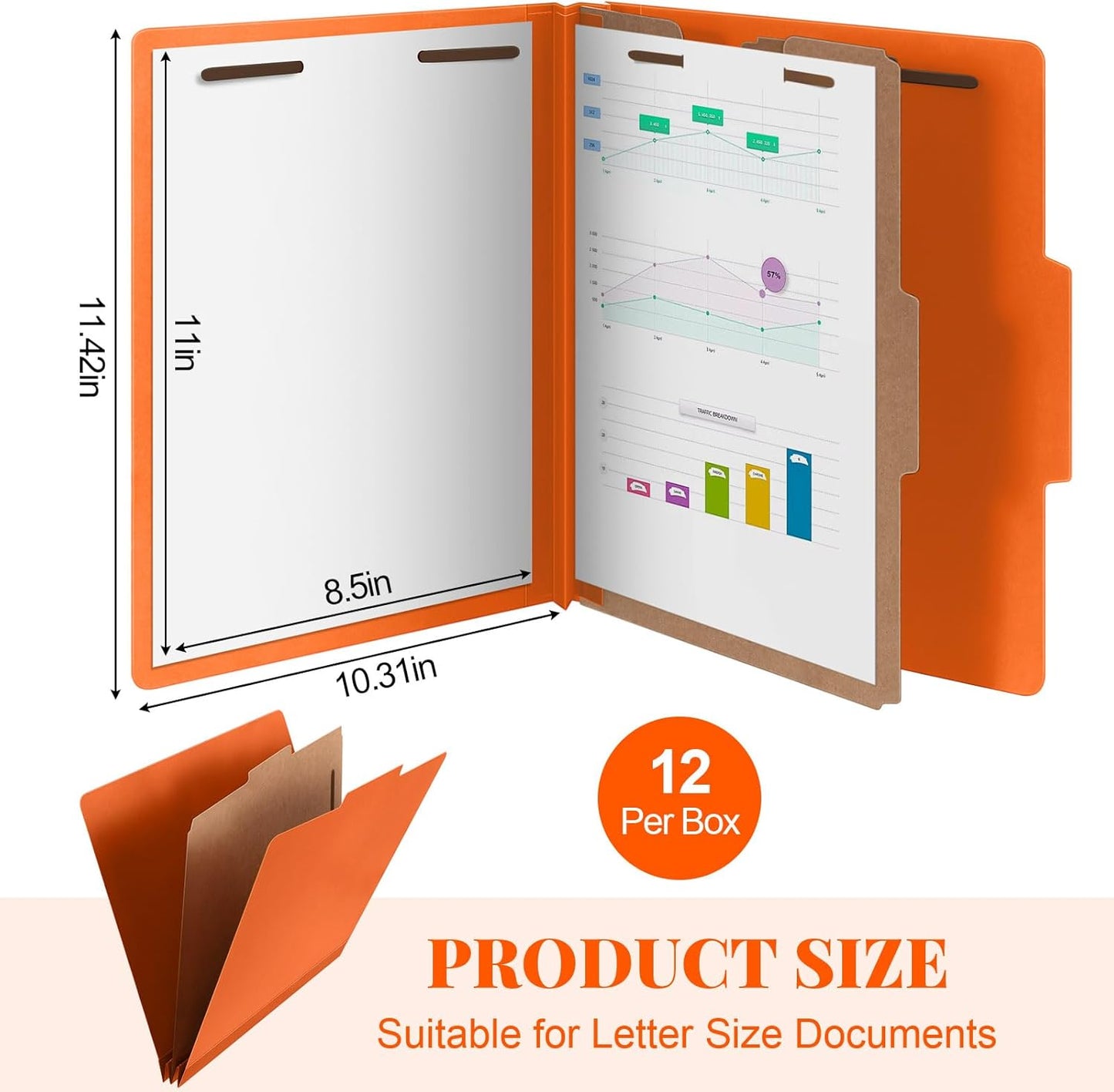 12 Pcs Classification Folders Letter Size, Back to School Supply for Teacher, Student, 1 Divider Pressboard File Folder Bulk with 2 Fasteners, 3.5 Inch Expanding File Organizer (Orange)