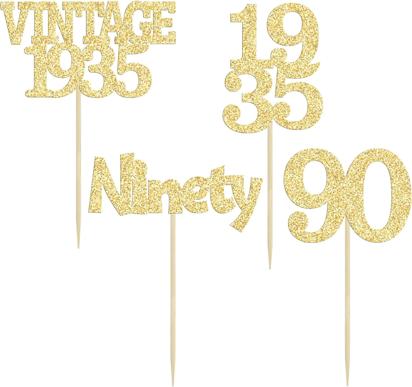 Gyufise 24Pcs 90th Birthday Cupcake Toppers Glitter Cheers to 90 Fabulous Ninety Vintage 1935 Cupcake Picks 90th Birthday Wedding Anniversary Party Cake Decorations Supplies Gold