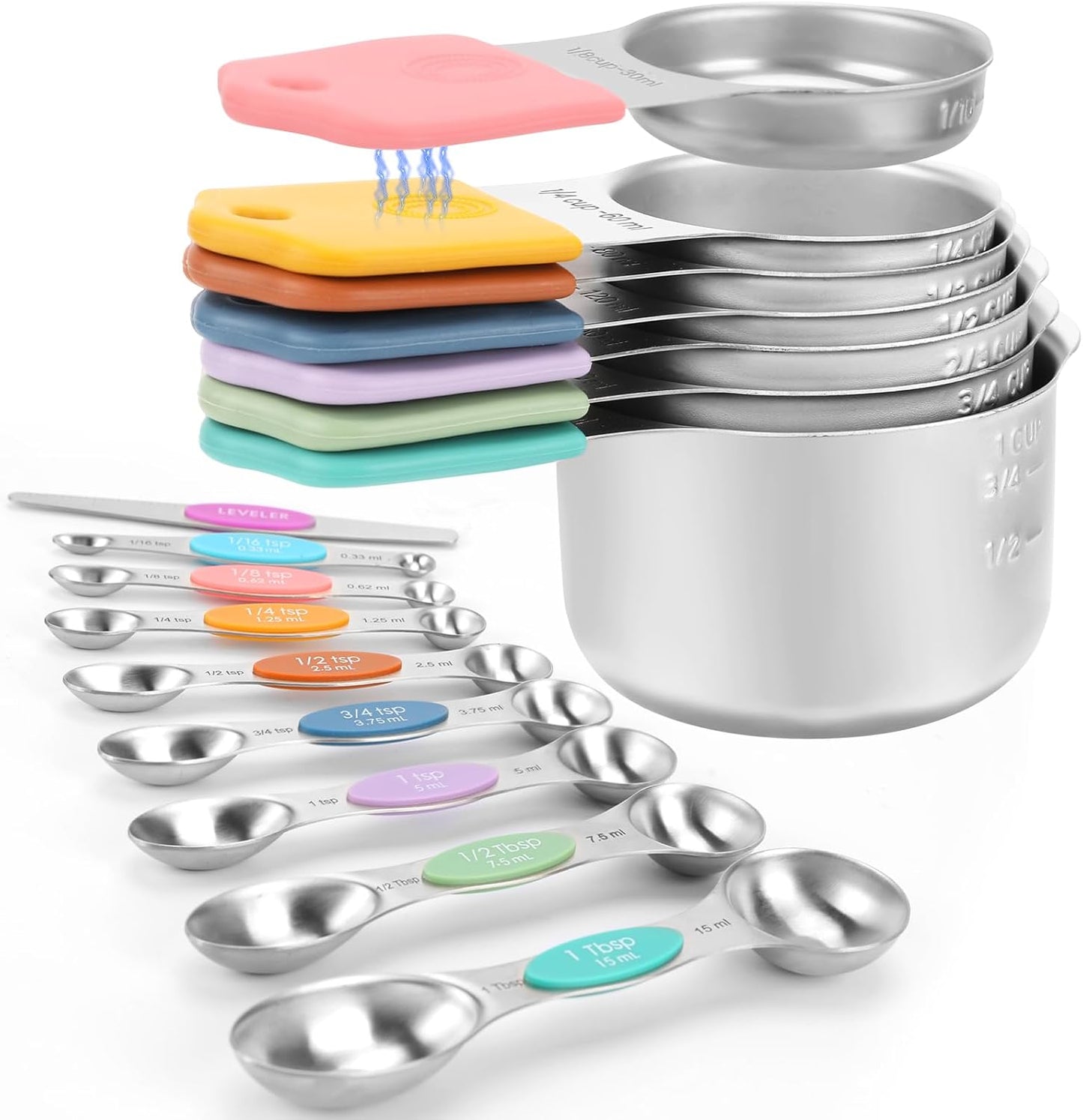 Magnetic Measuring Cups and Spoons Set-Heavy Duty 304 Stainless Steel,Double Measurement Markings,Set of 16 with Leveler for Measure Dry and Liquid Ingredients