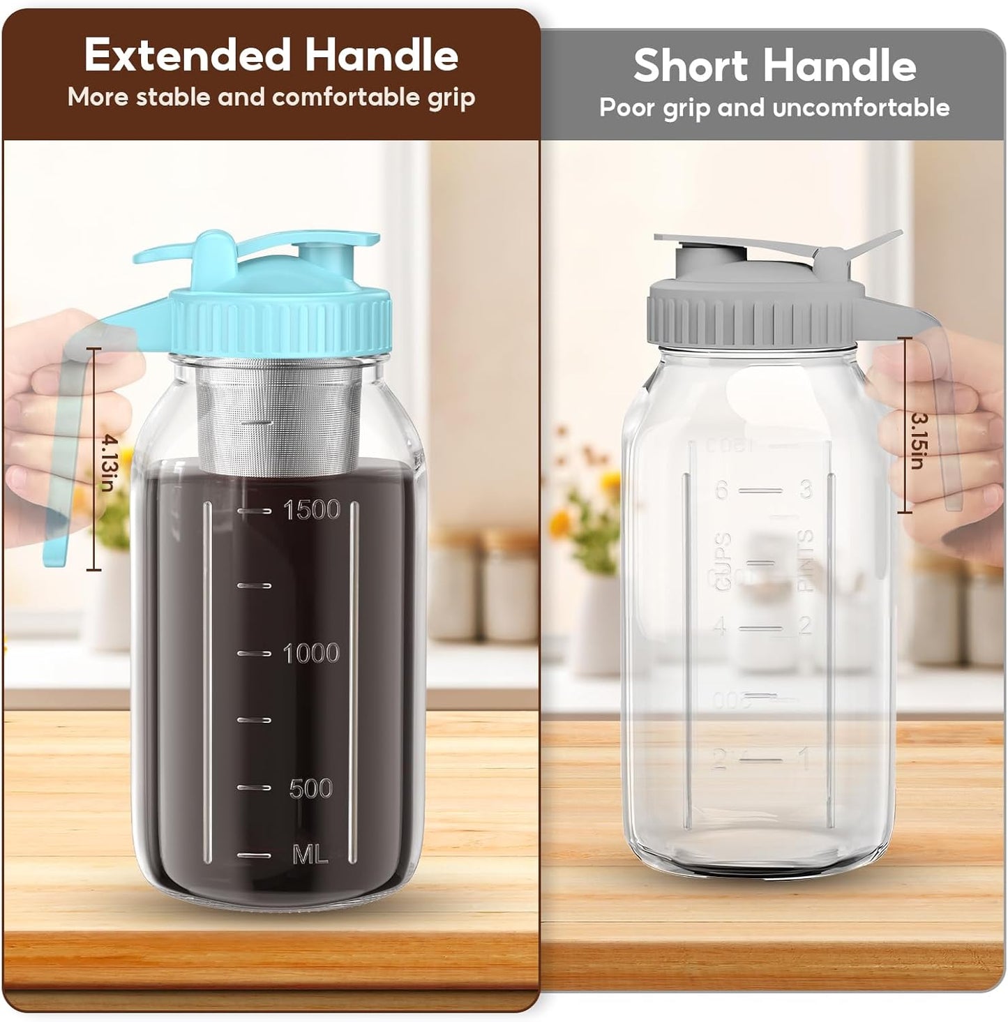 Cold Brew Coffee Maker Jar - 2 Pack 64 oz(2 Quart / 1.9 Liter)Glass Cold Brew Maker with Handle, Stainless Steel Filter&Leak-Proof Lid, Heavy Duty Cold Brew Pitcher for Iced Coffee, Sun Tea, and Milk