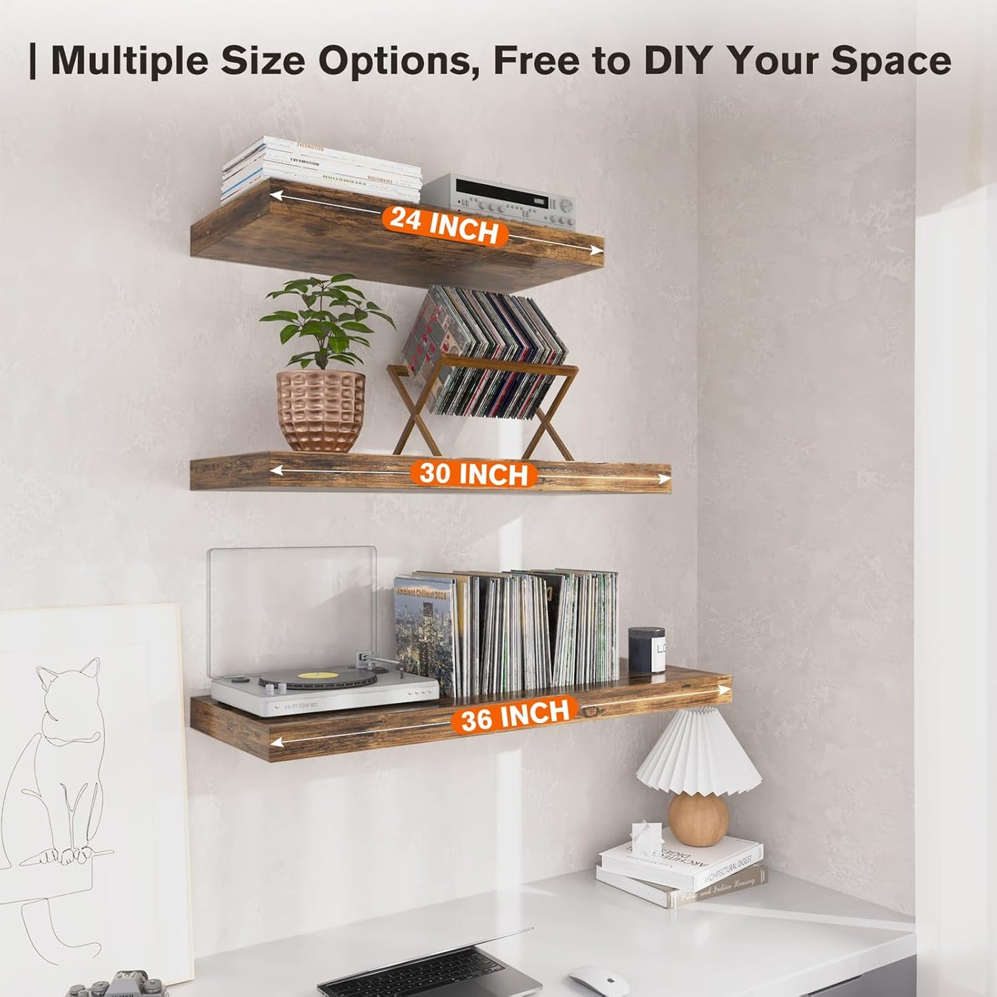 Floating Shelf, Set of 3 Wall Shelf, 30 in W x 12.75 in D x 2 in H Wooden Floating Wall Shelf with Invisible Brackets for Living Room/Bedroom/Bathroom/Kitchen Storage and Decor, Rustic Brown