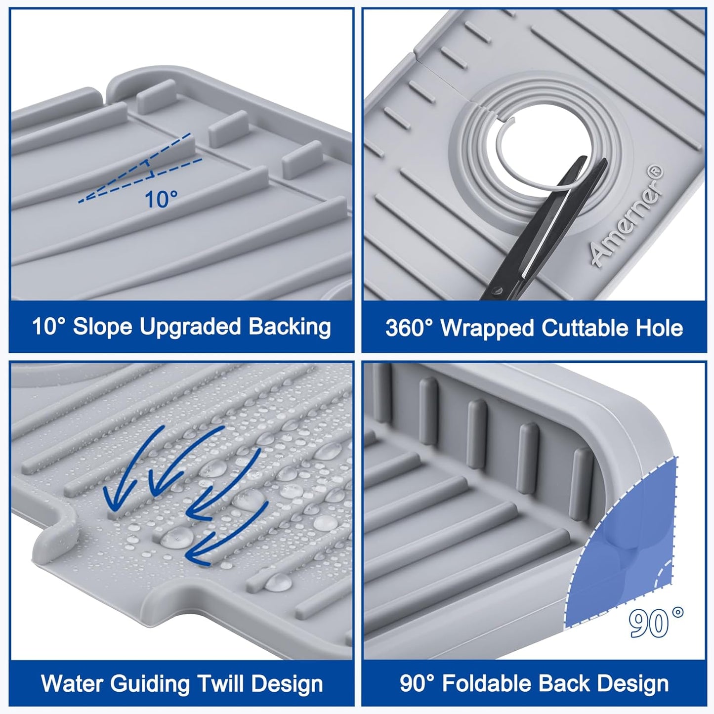 20 inch Kitchen Sink Splash Guard, 10° Large Slope & Adaptable Hole Faucet Mat for Kitchen Sink, Silicone Sink Organizer Sponge Holder for Kitchen, Bathroom, RV, Bar, 20” x 5.5”, Gray