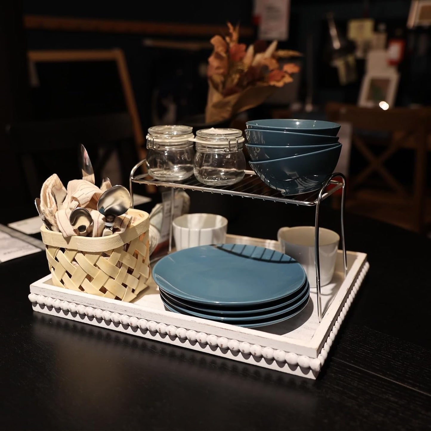 Wood Decorative Coffee Table Serving Tray, Farmhouse Rectangular Tray with Wooden Bead for Ottoman, Entertaining, Home Decor, 15.7”*11.8”*1.57” (Whitewashed)