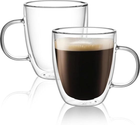 CNGLASS Large Double Wall Glass Coffee Mug 17 oz,Insulated Glass Coffee Cups with Handle,Set of 2