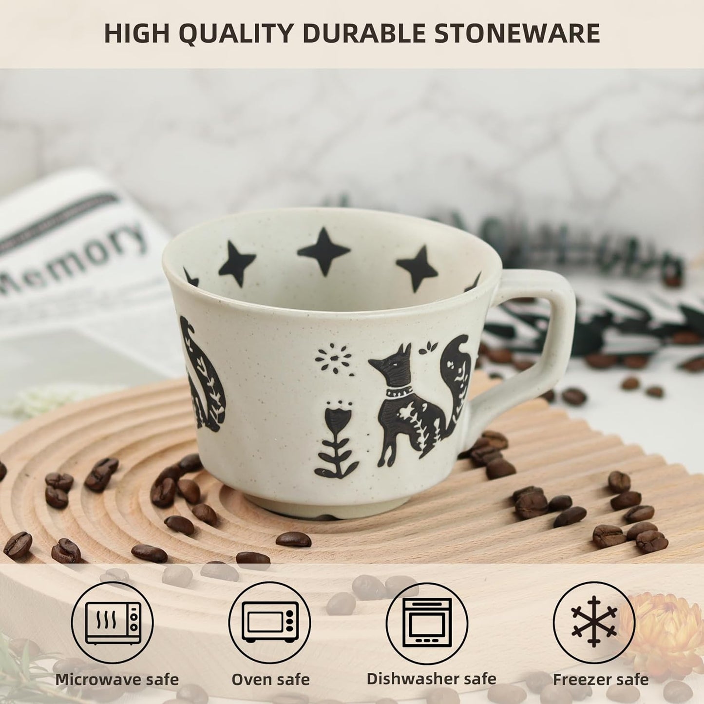 Ceramic Coffee Mug, 12 oz Novelty Unique Teacup with Large Handle, Stoneware Cup for Tea Mocha Latte Cappuccino Espresso (Set of 2, Fox and Bear)