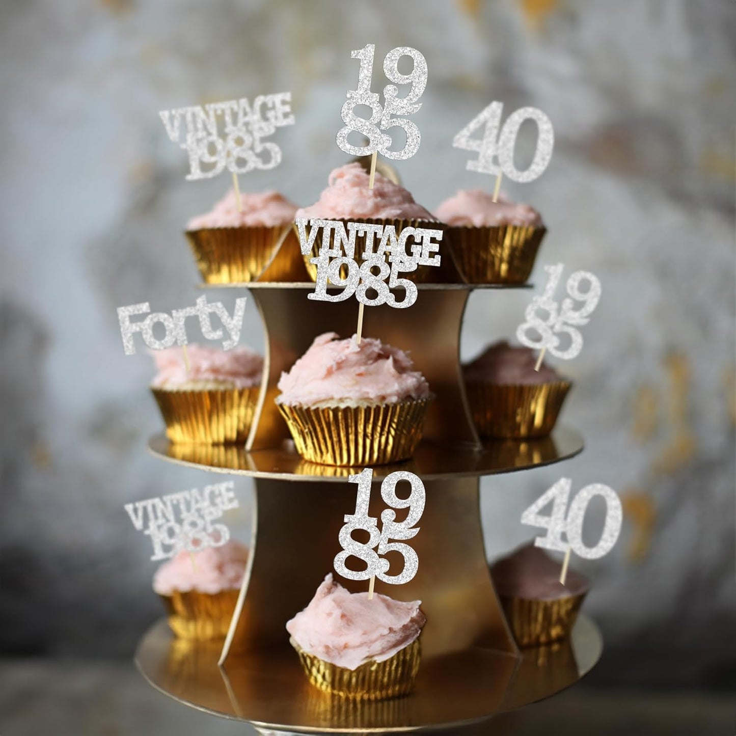 Gyufise 24Pcs Happy 40th Birthday Cupcake Toppers Glitter Forty 40 Fabulous Vintage 1985 Cake Toppers for 40th Birthday Wedding Anniversary Party Cake Decorations Supplies Silver