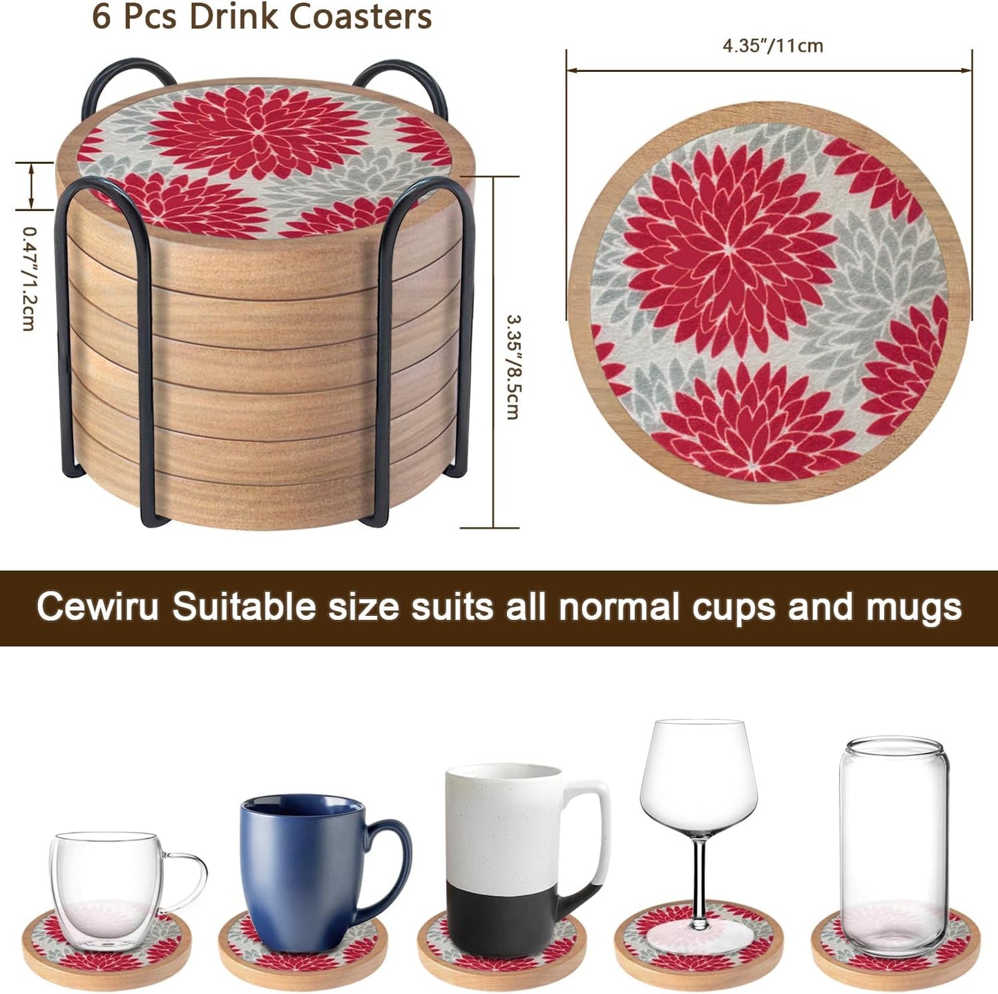 Wood Coasters Set of 6 with Holder, Cewiru Cup Mat for Drinks, Absorbent Coasters with Felt Insert for Coffee Table Protection, Modern Style Home Dining Table Decor, 4.3" Red