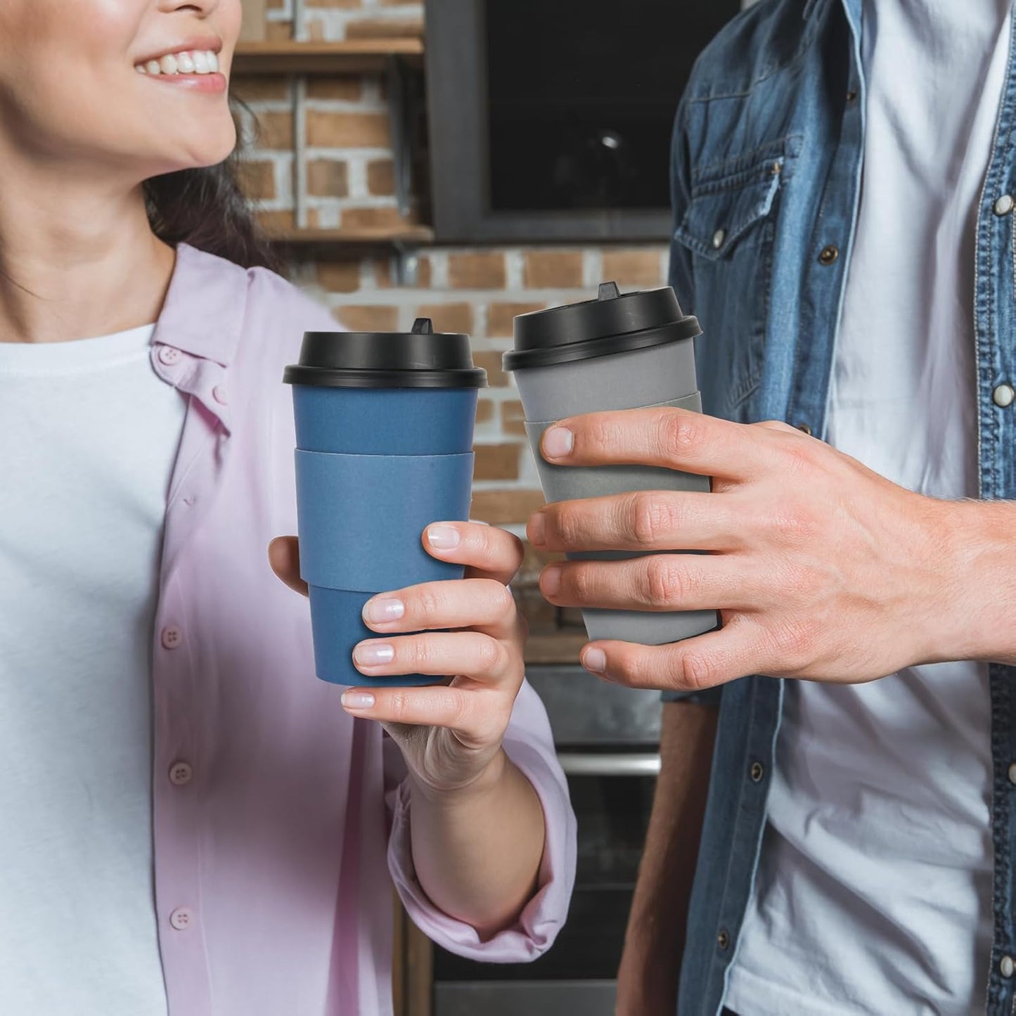 LITOPAK 100 Pack 16 oz Disposable Paper Coffee Cups with Lids, Sleeves and Stirring Sticks for Hot Coffee, Water or Juice, Blue and Gray Hot Paper Cups for Cafes, schools, offices, shops