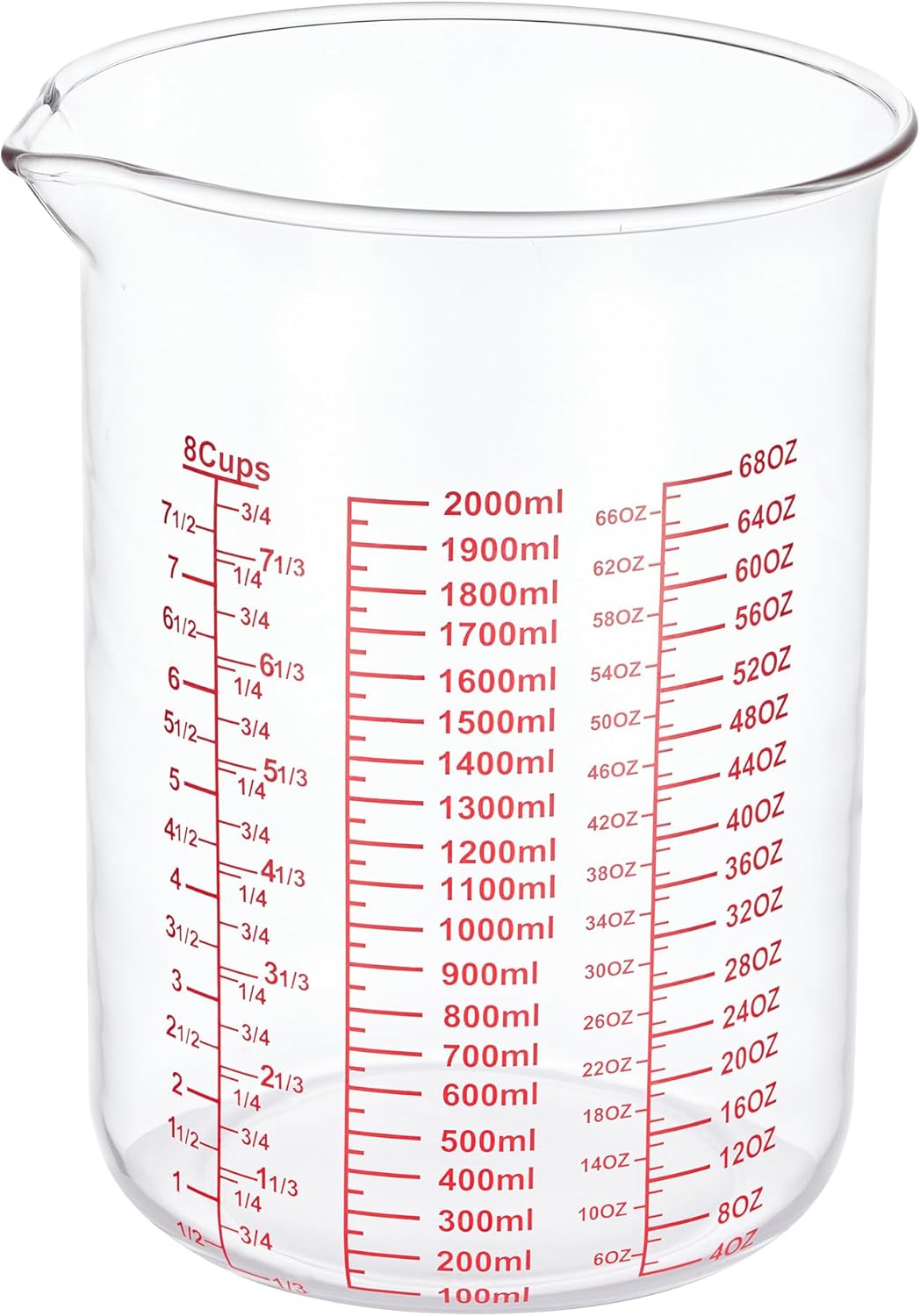 High Borosilicate Glass Measuring Cup-V-Shaped Spout,Glass Measuring Beaker for Kitchen or Restaurant, Easy to Read, 2000 ML (64 Oz, 8Cup)