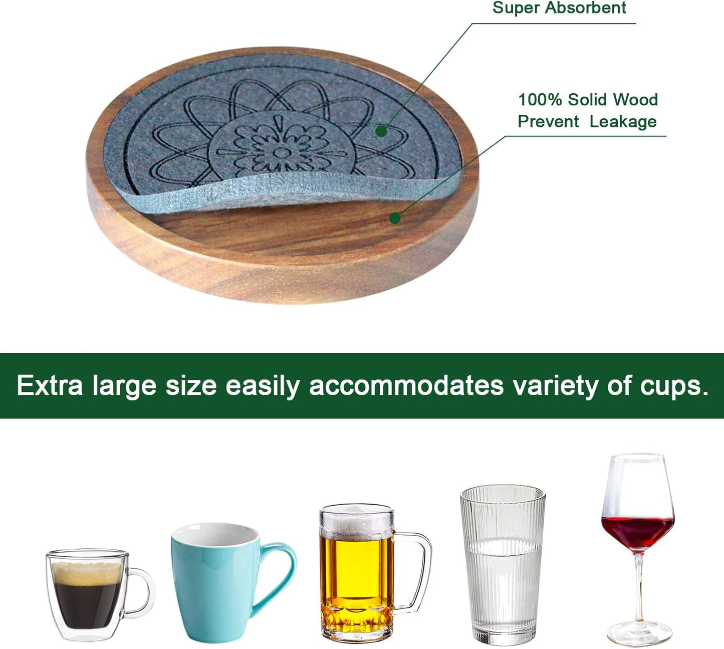 Wood Coasters for Drinks, Absorbent Coaster Sets of 5, Drinks Coasters for Coffee Tabletop Protection, Non-Slip, Non-Stick, Suitable for Kinds of Cups Wooden Table Hot or Cold Drink, 4.3 Inches