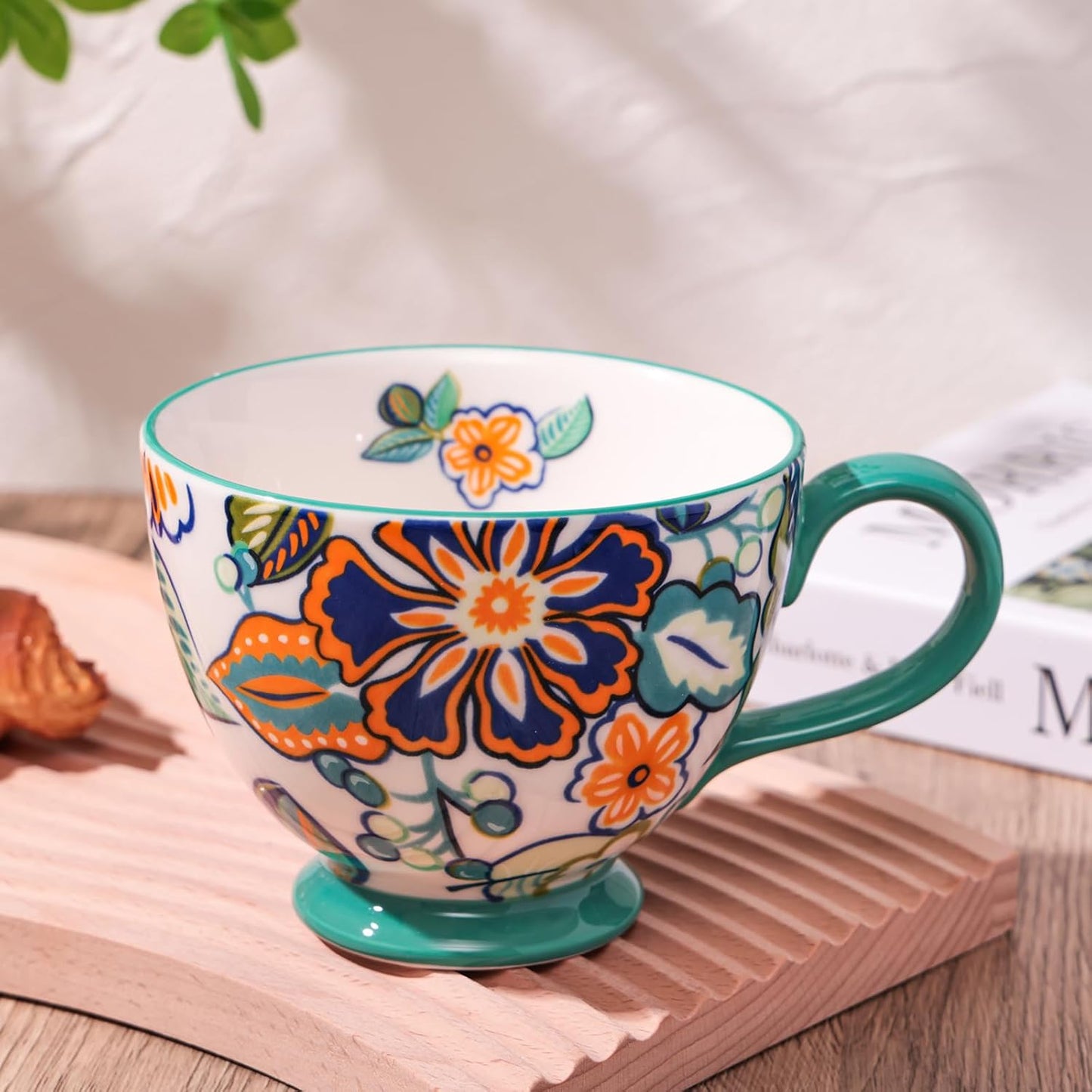 Vintage Flower Mugs β Large Ceramic Coffee Mug (15oz) β Cute Cereal Cup for Breakfast, Oatmeal Tea & Hot Drinks β Handmade Ceramic Cup with Floral Design