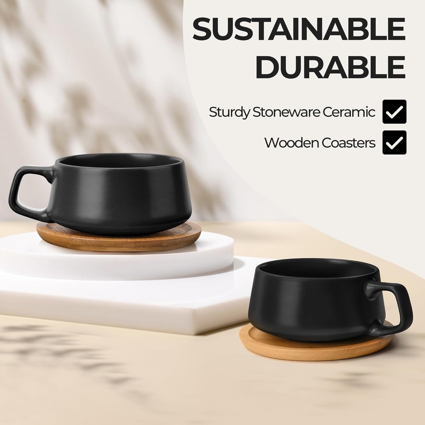 MIAMIO ā 11 Oz., Set of 4 Ceramic Tea Cup and Saucer Bamboo/Tea Mug - Wide Cappuccino Cup, Coffee Cups Ceramic Mug for Cappuccino, Latte, Espresso & Americano - Luxe Collection (Black)