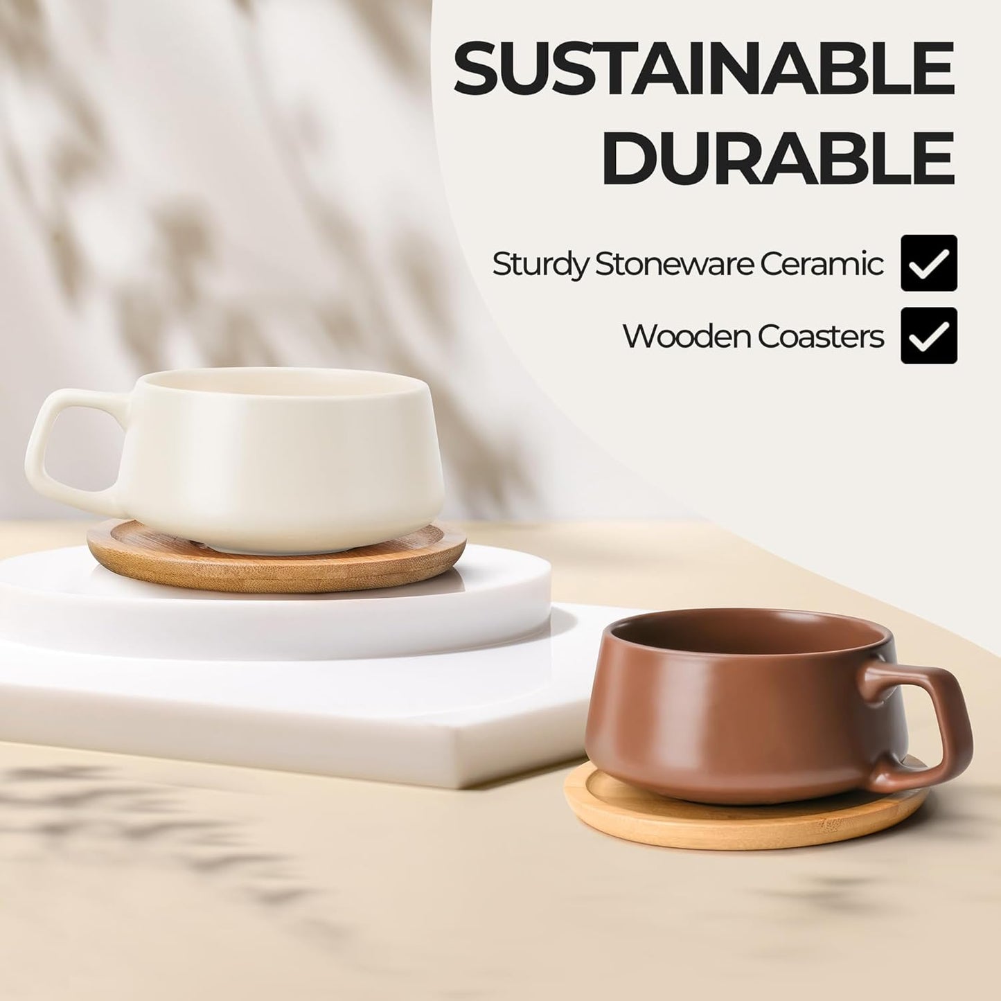 MIAMIO ā 11 Oz., Set of 4 Ceramic Tea Cup and Saucer Bamboo/Tea Mug - Wide Cappuccino Cup, Coffee Cups Ceramic Mug for Cappuccino, Latte, Espresso & Americano - Luxe Collection (Beige Pastel)
