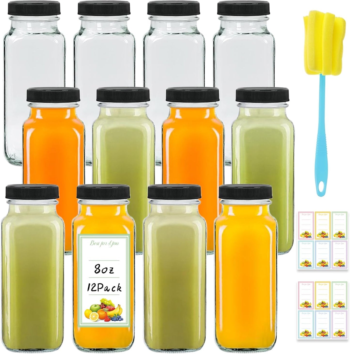 12 Pack 8oz Glass Juice Bottles with Lids, 250ml Reusable Glass Juicing Bottles, Square Drinking Jars Drink Containers with Caps for Water, Milk, Ginger, Kombucha, Beverages