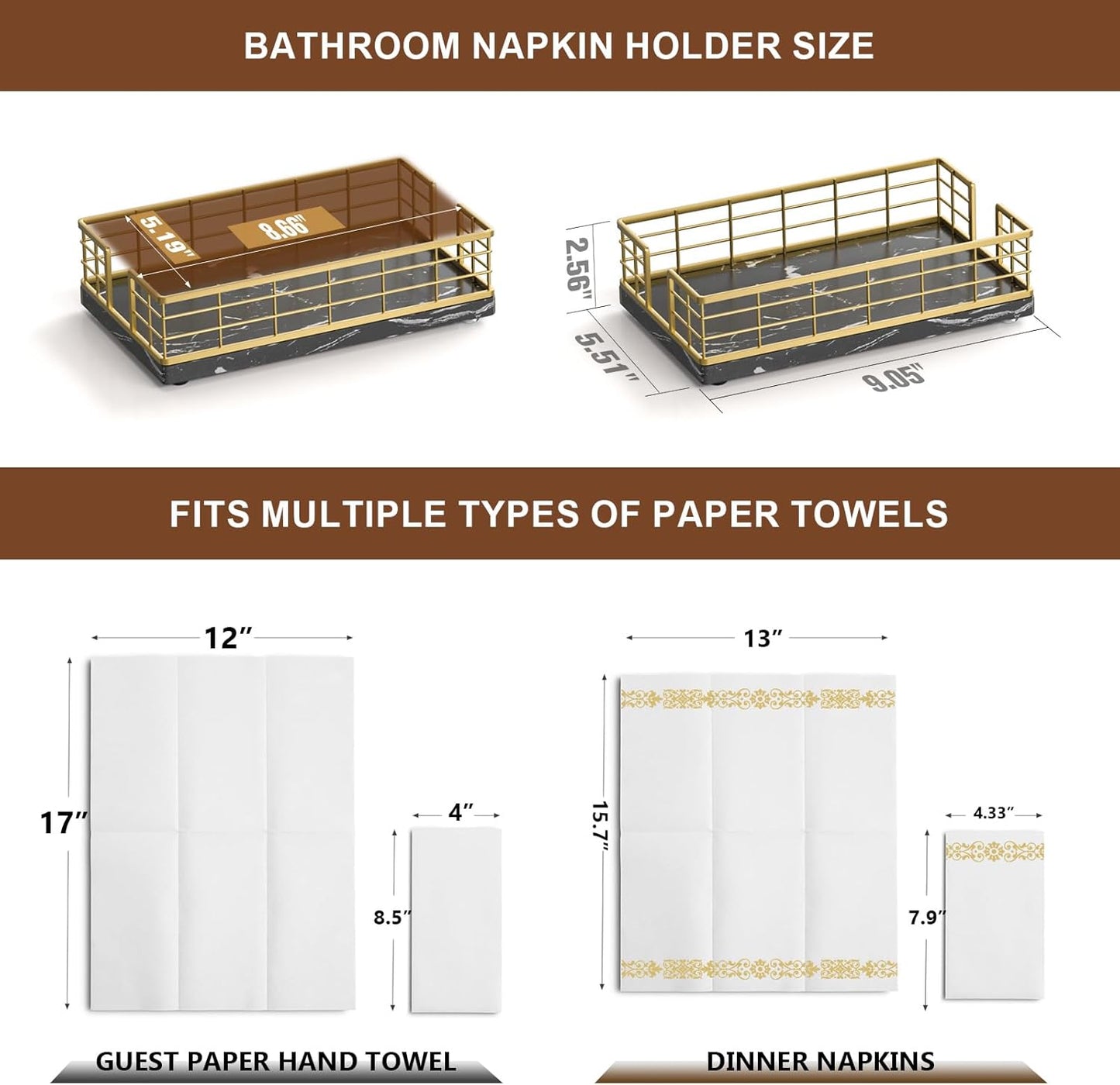 Wican Marble Guest Towel Holder Tray for Bathroom, Napkins Holder for Powder Room Dinning Table Wooden Basket for Disposable Paper Hand Towels Gold and Marble Black