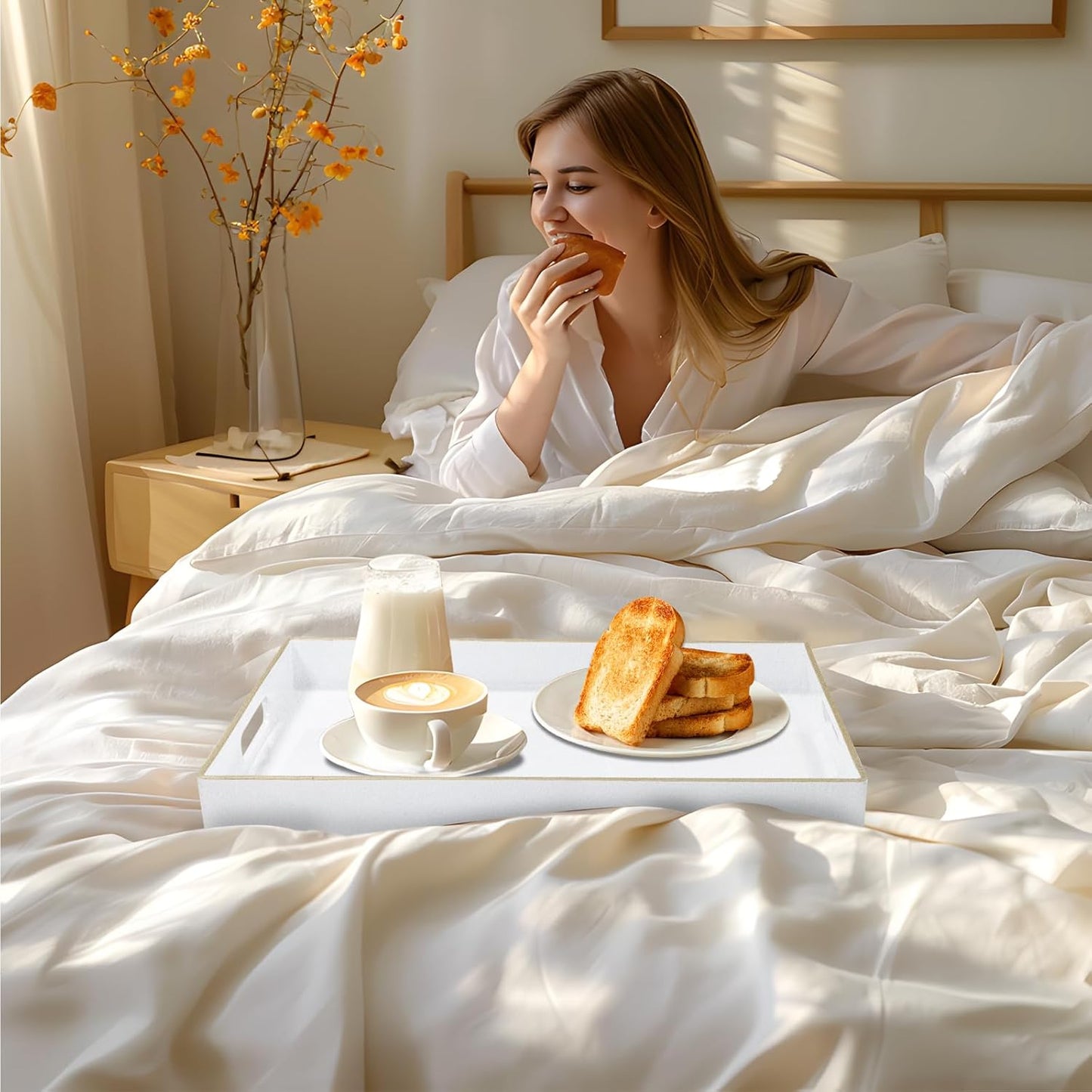 MAONAME White Decorative Tray for Coffee Table, Modern Serving Tray with Handles, Plastic Rectangular Tea Tray for Ottoman, Bathroom Decor, 15.8” X 10.2” x1.4