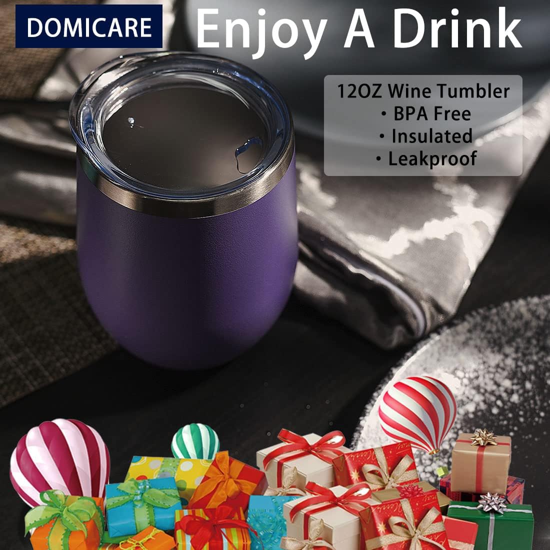 DOMICARE Stainless Steel Wine Tumbler Bulk with Lid, Personalized Insulated Tumblers Set, 12oz Travel Coffee Cups Pack of 1, Purple