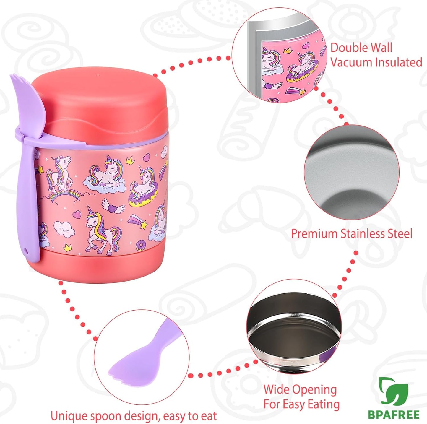 10oz Soup Thermo for Hot Food Kids,Lunch Thermo Kids Food Jar with Spoon Hot Insulated Food Containers,Leak Proof Stainless Steel Wide Mouth Lunch Food Thermo Jar for School(Pink-Unique Horse)