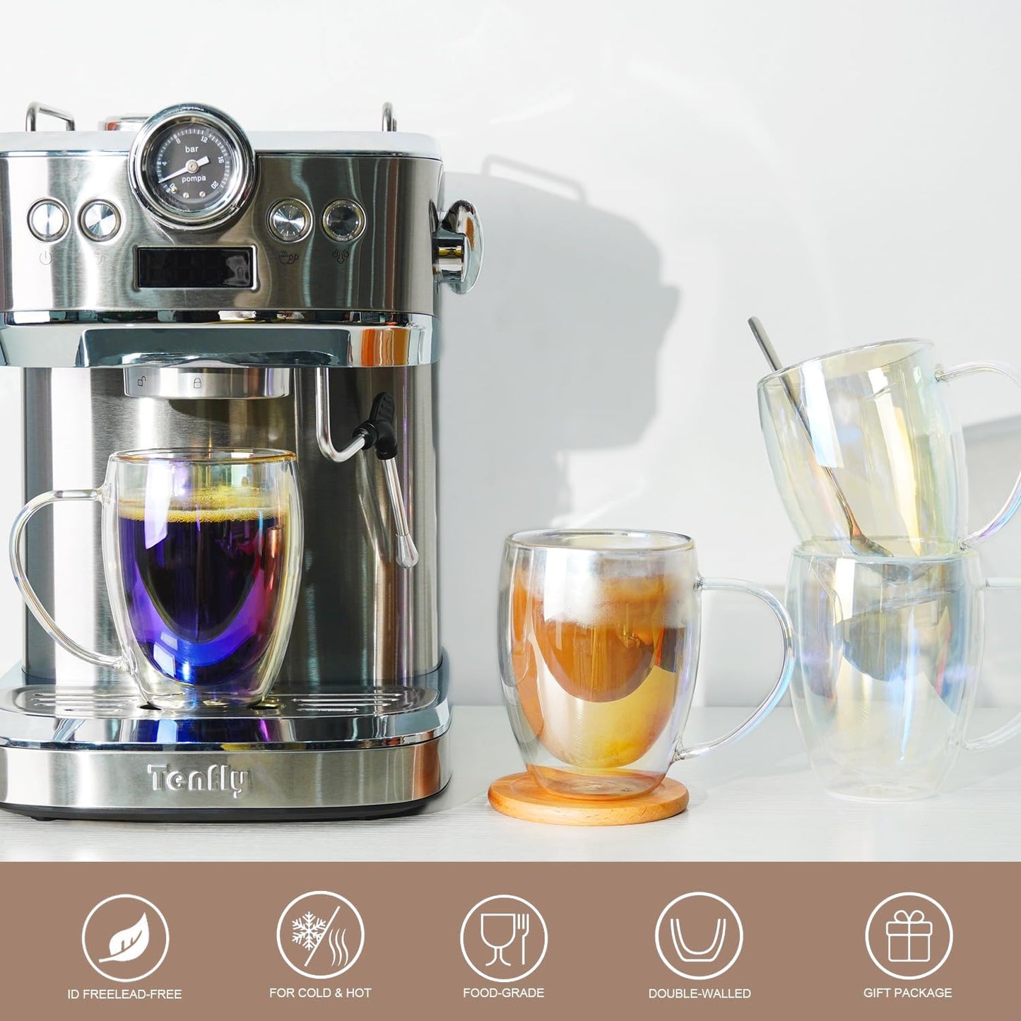 Double Walled Glass Coffee Mugs 12 OZ, Set of 2 Iridescent Glass Cups With Handle Perfect for Espresso, Cappuccino, Latte, Americano, Tea Bag, Beverage