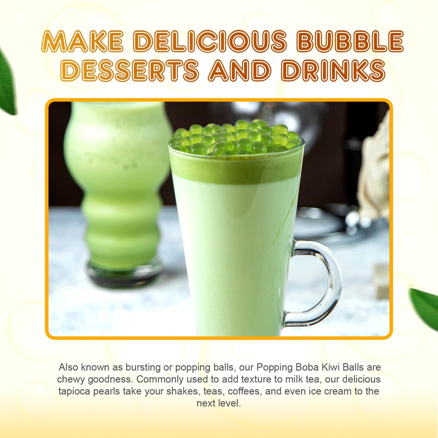 Fanale Kiwi Popping Boba Pearls, Vegan, Non GMO, Gluten Free, Fat Free, Perfect for Bubble Tea, Smoothies, Ice Cream, Desserts, and Beverages.